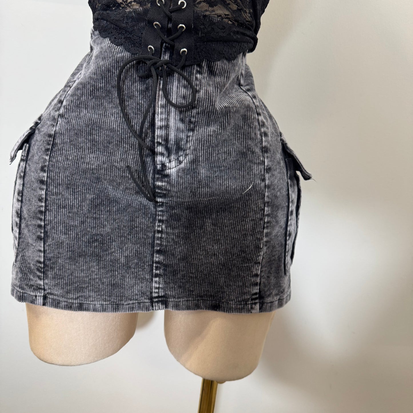 Corduroy Cargo Mini Skirt-Black