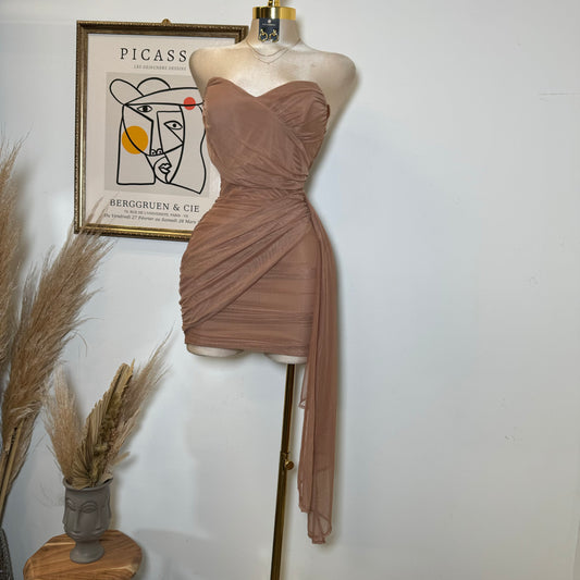 Sweetheart Draped Tube Mini Dress-Mocha