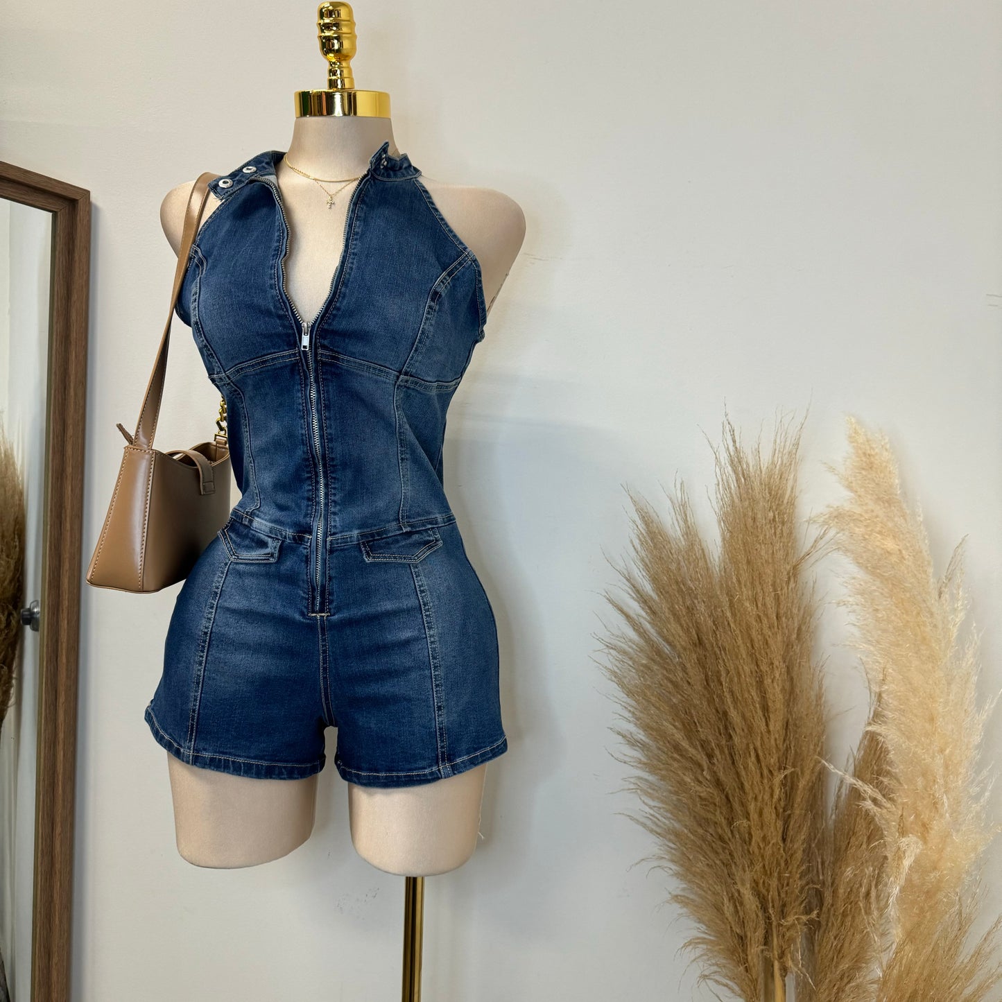 Denim Halter Romper-Dk Blue