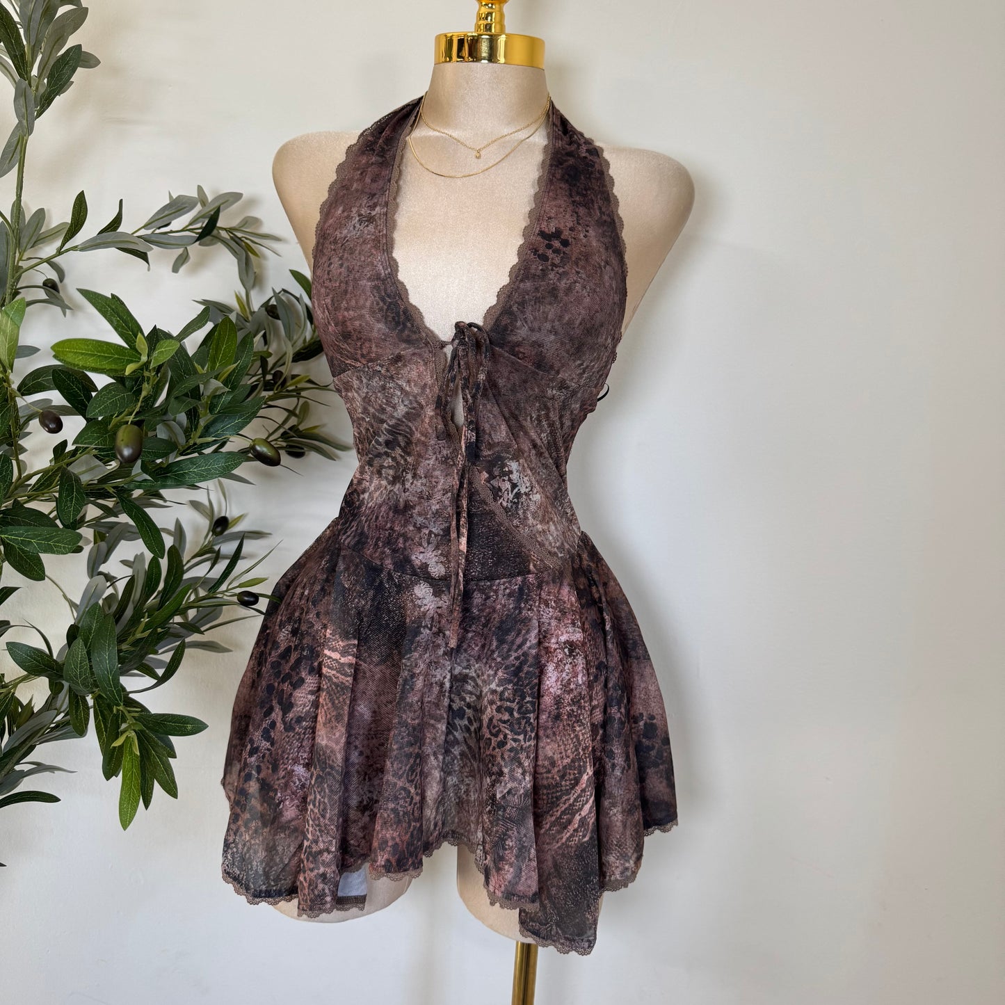 Halter Mini Dress-Brown Print