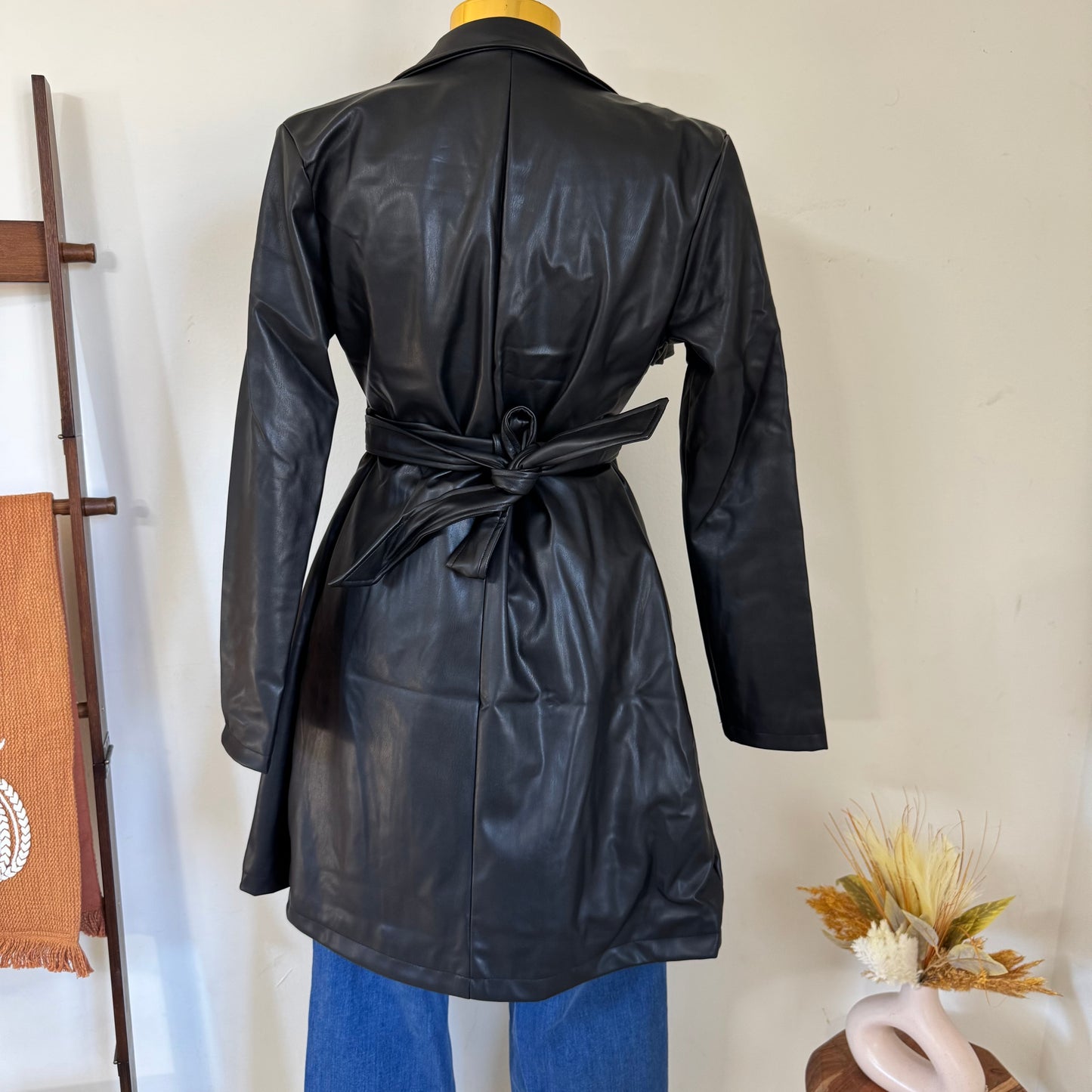 PU double Breasted Belted Trench Coat-Black