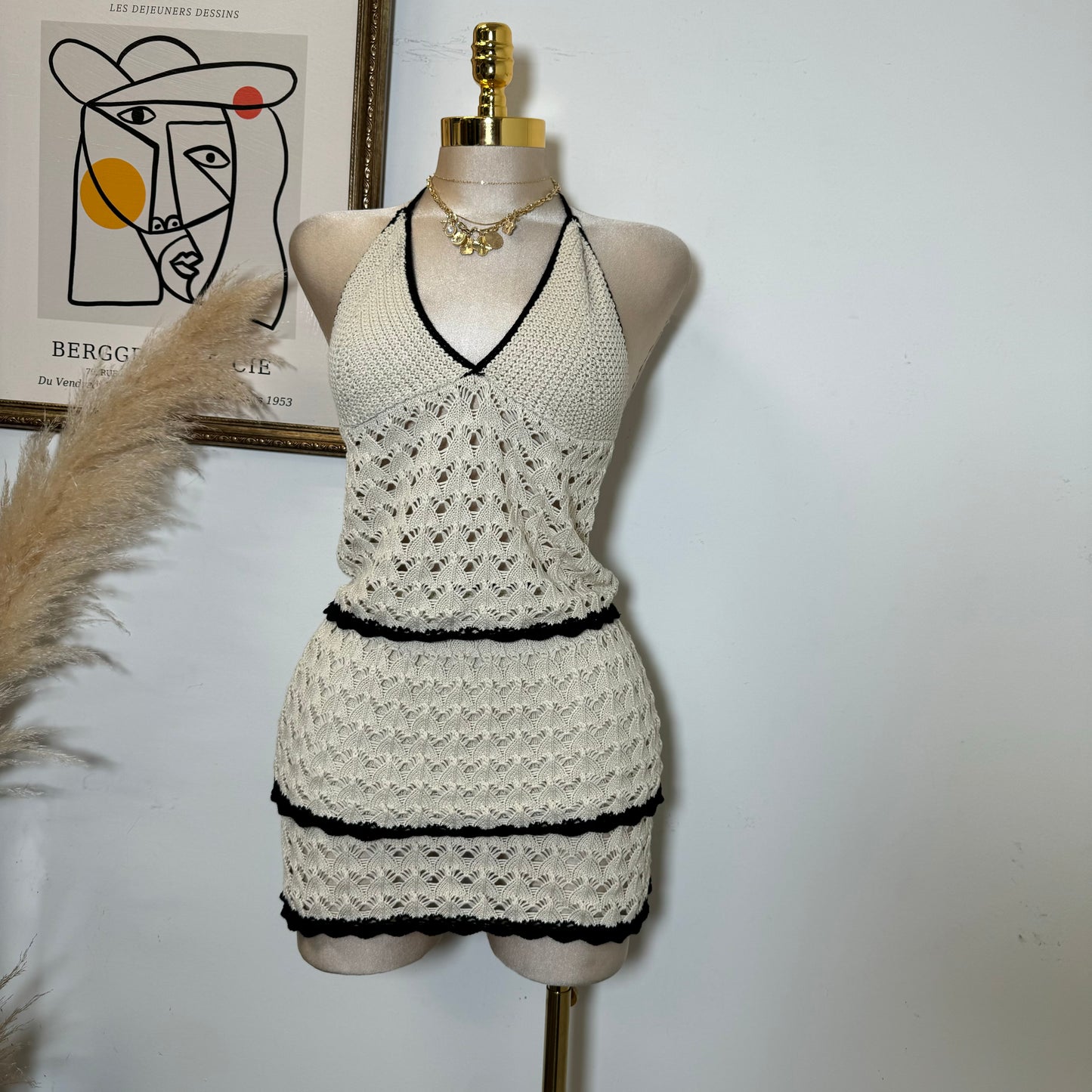 Knitted Halter Skirt Set-Beige