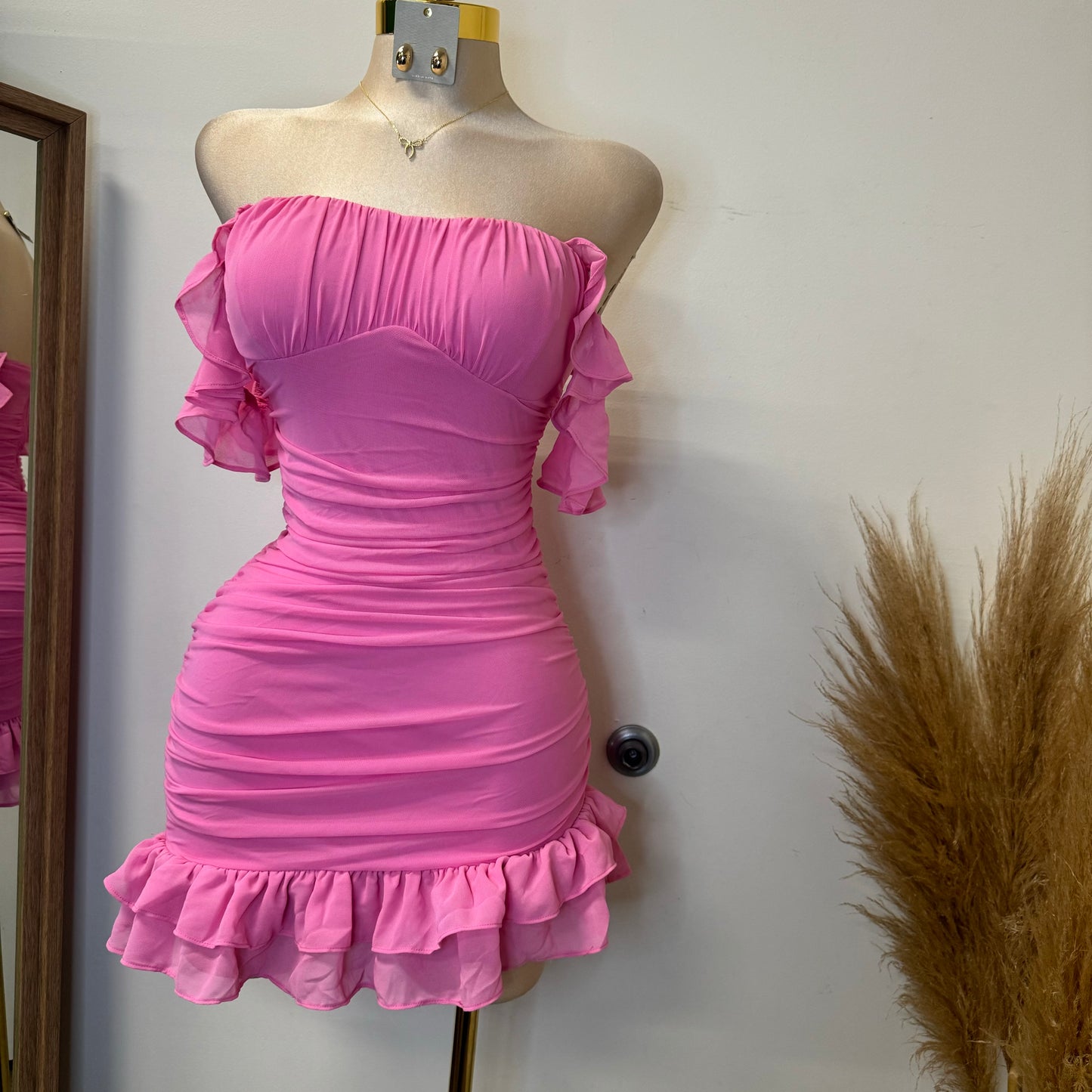 Annalise  Off Shoulder Mesh Asymmetrical Ruffle Hem Dress-Pink