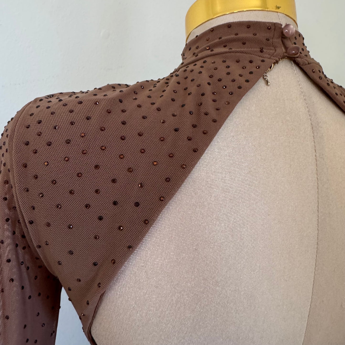 Mesh Mock Dress Rhinestone Open Back Mini Dress-Mocha