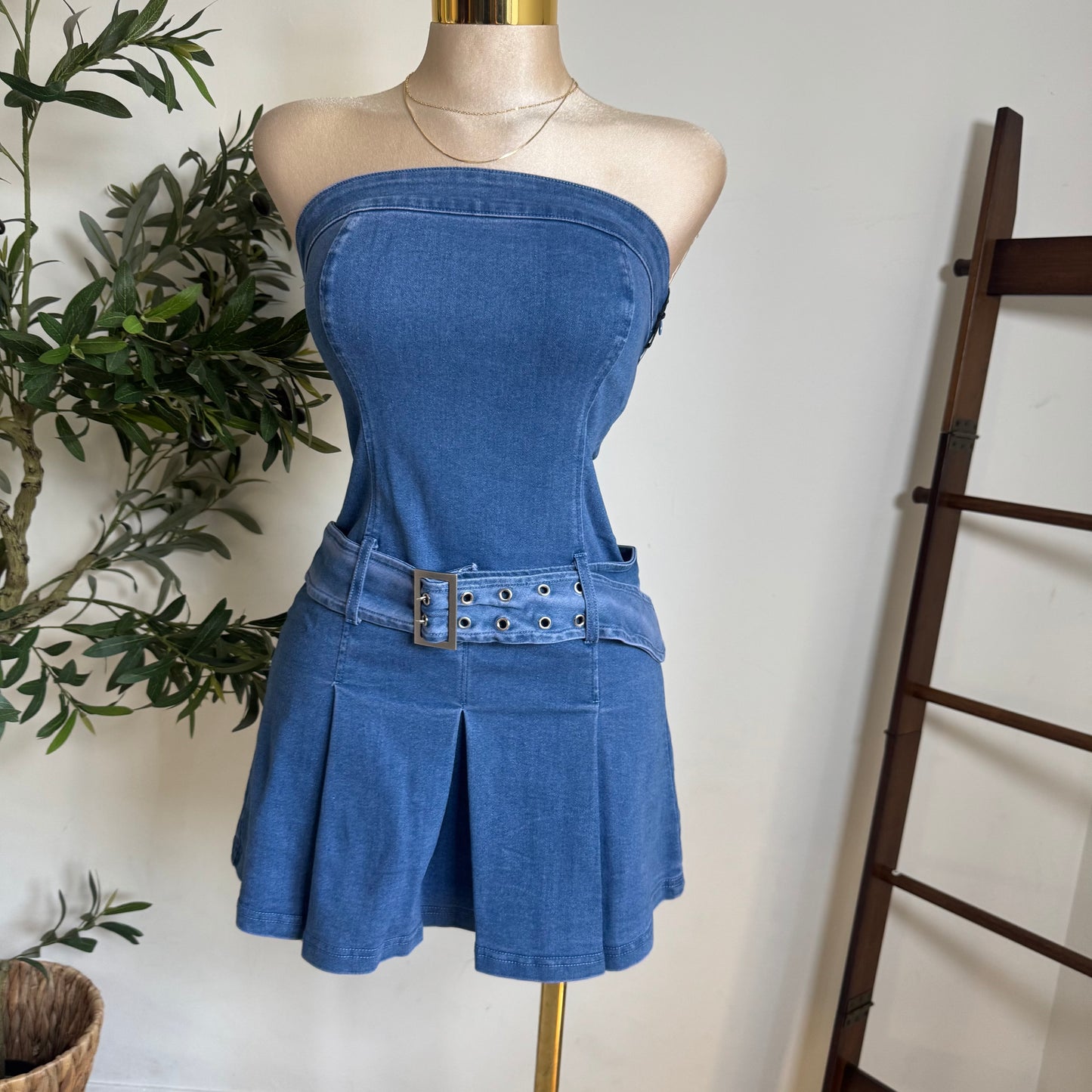 strapless Denim Belted Dress-Denim
