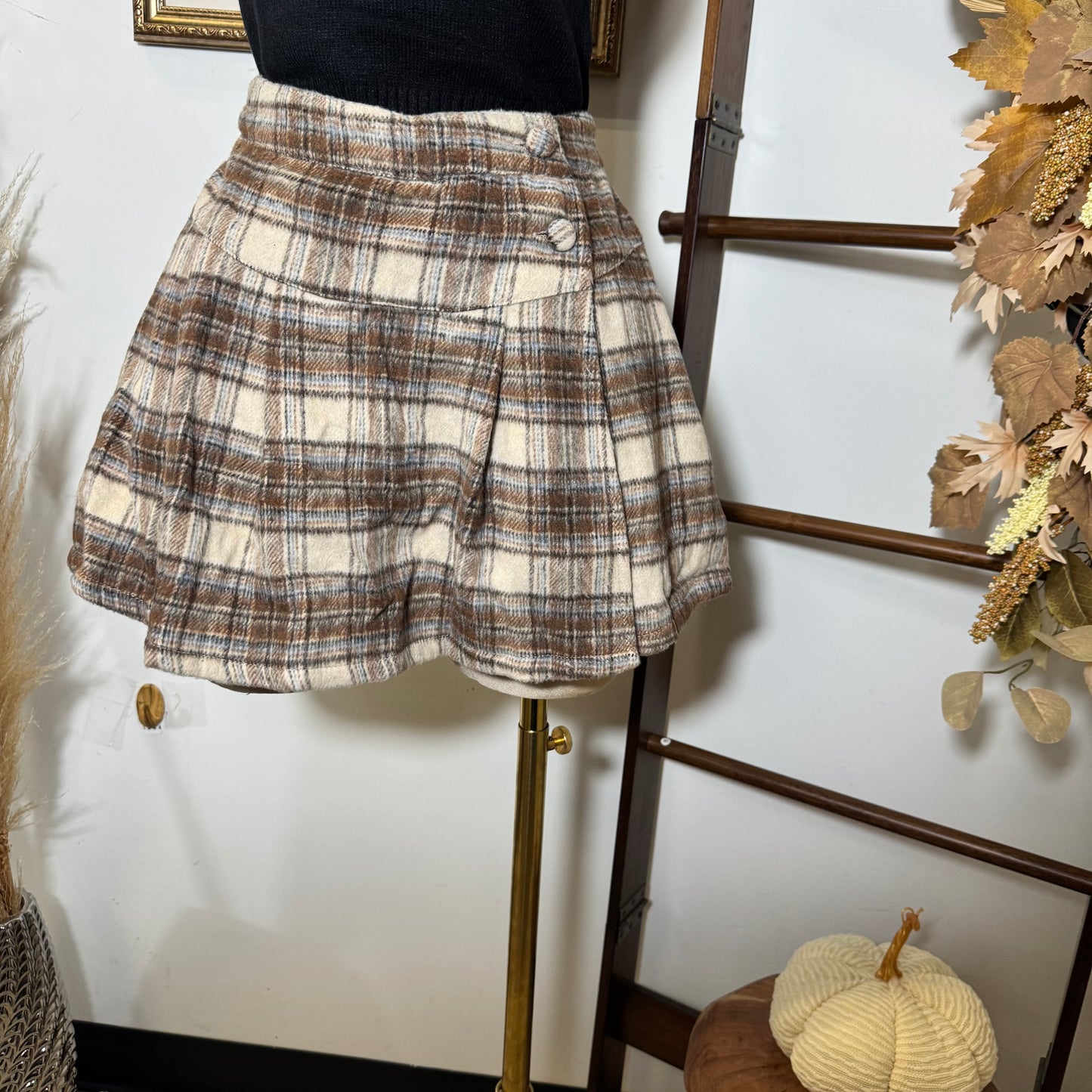 Pleats Detail Plaid Skirt-Taupe/Chocolate