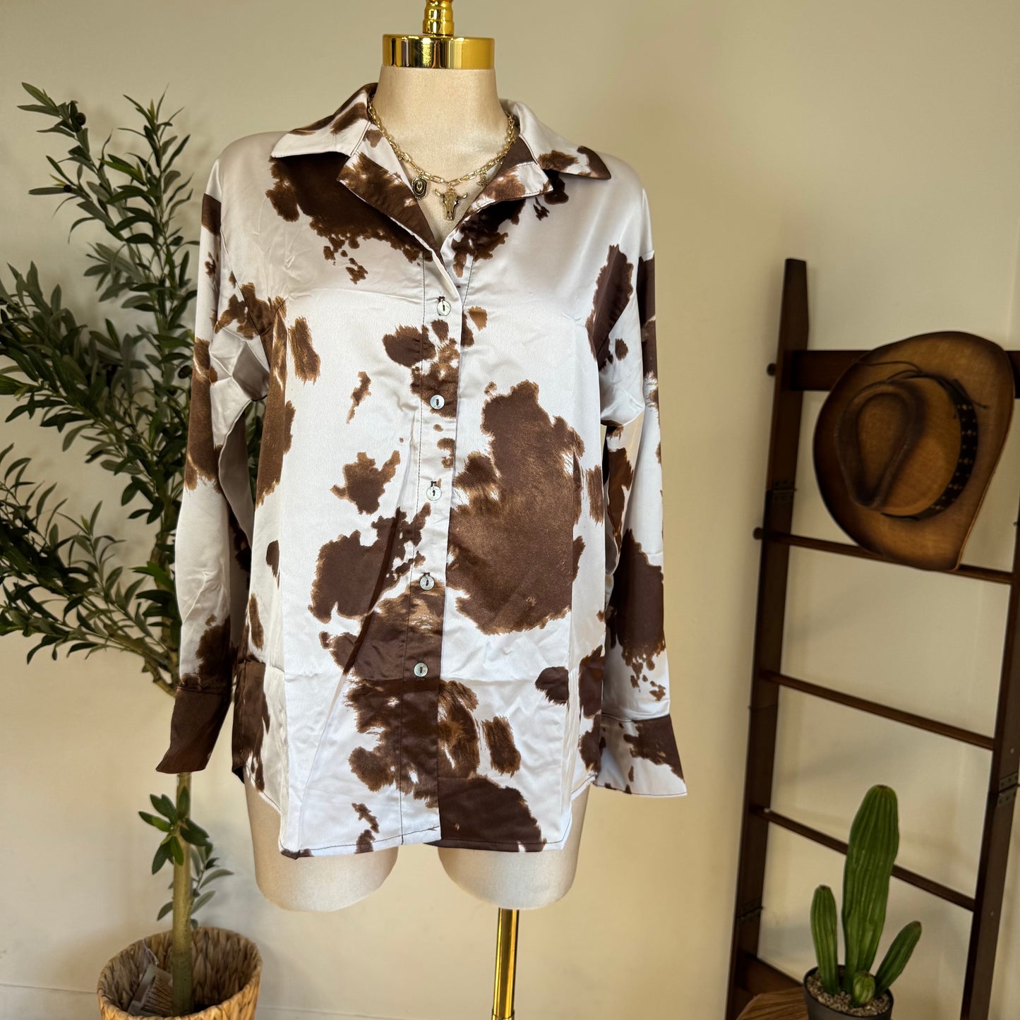 Cow Print Satin Button Down Long sleeve Shirt-Brown