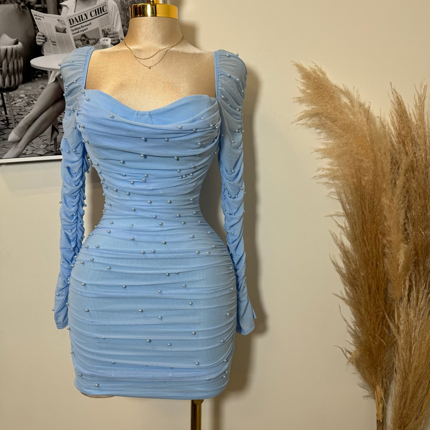 Meghan Pearl Mesh Dress-Baby Blue