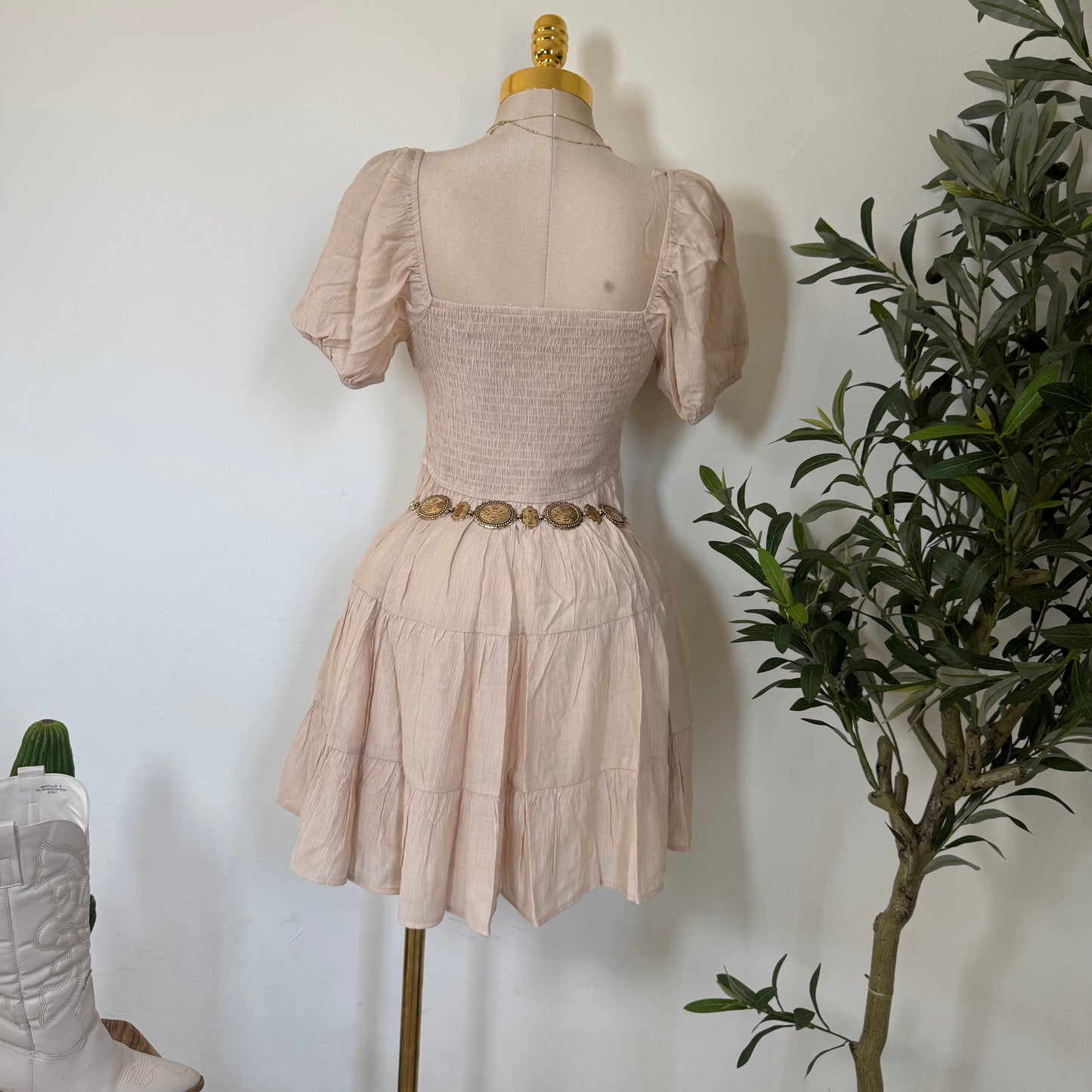 Puff Sleeve Tiered Mini Dress-Cream