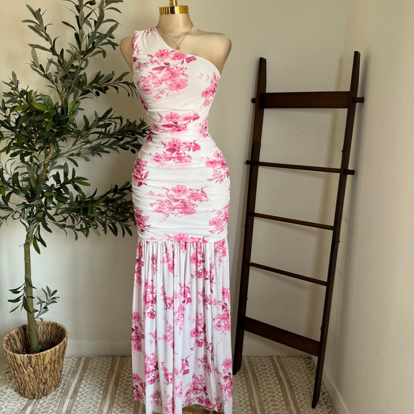 One Shoulder Mesh Maxi Dress-Pink/White