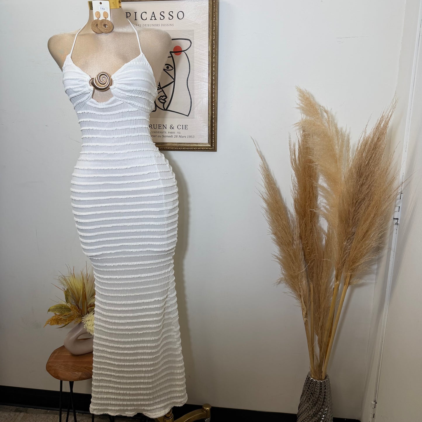 Texture Fabric Turban Shell Metal Trim Halter Maxi Dress-Ivory