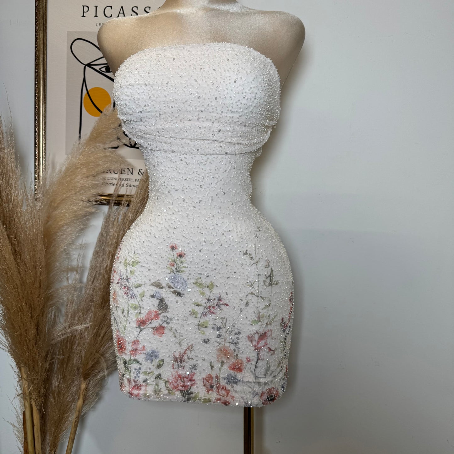 Mesh with Beads Floral Print Tube Dress
