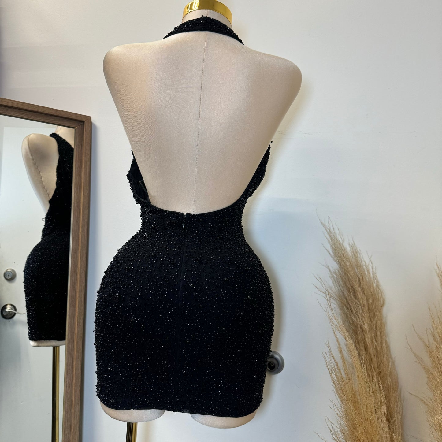 Cowl beaded Halter Dress-Black1