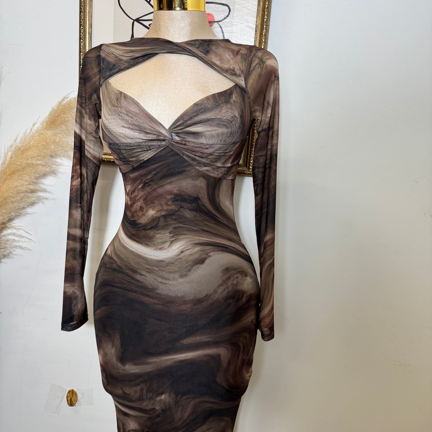 Marble Print Mesh Midi Dress
