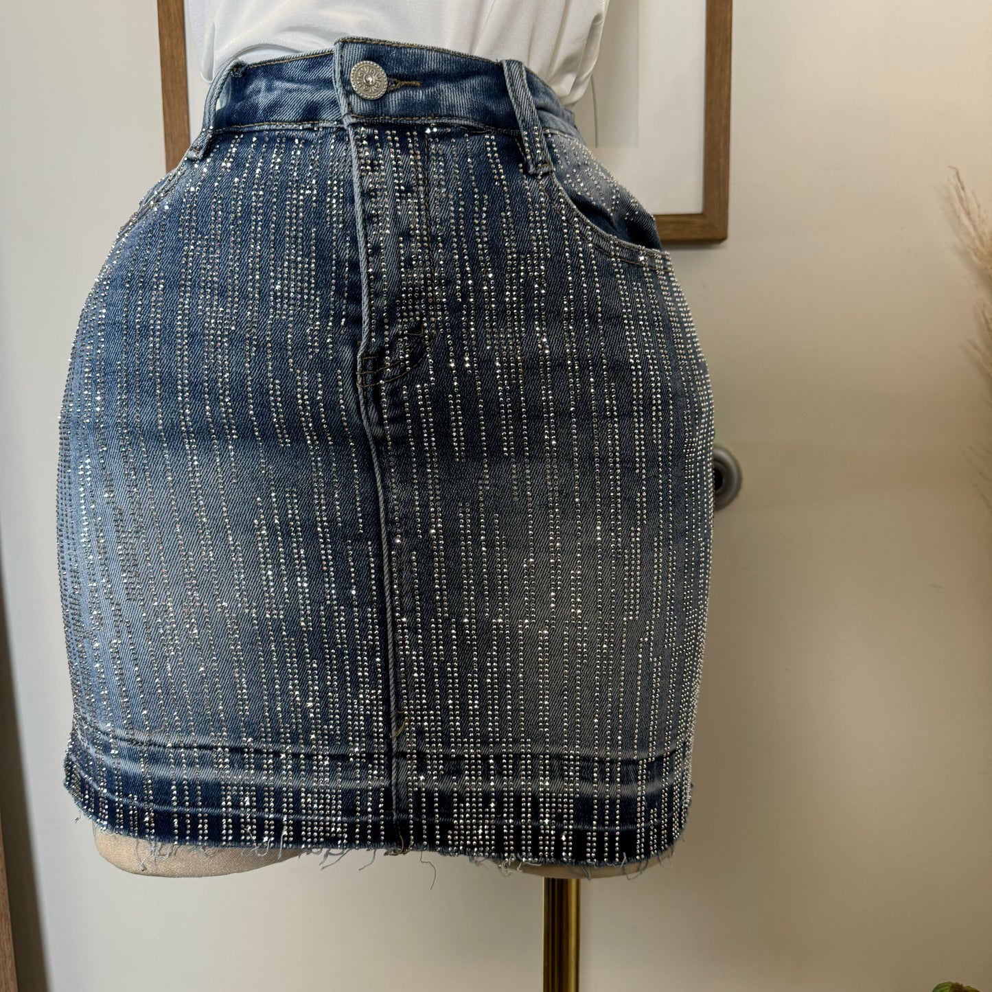 Crush Rhinestone Denim Skirt-Blue