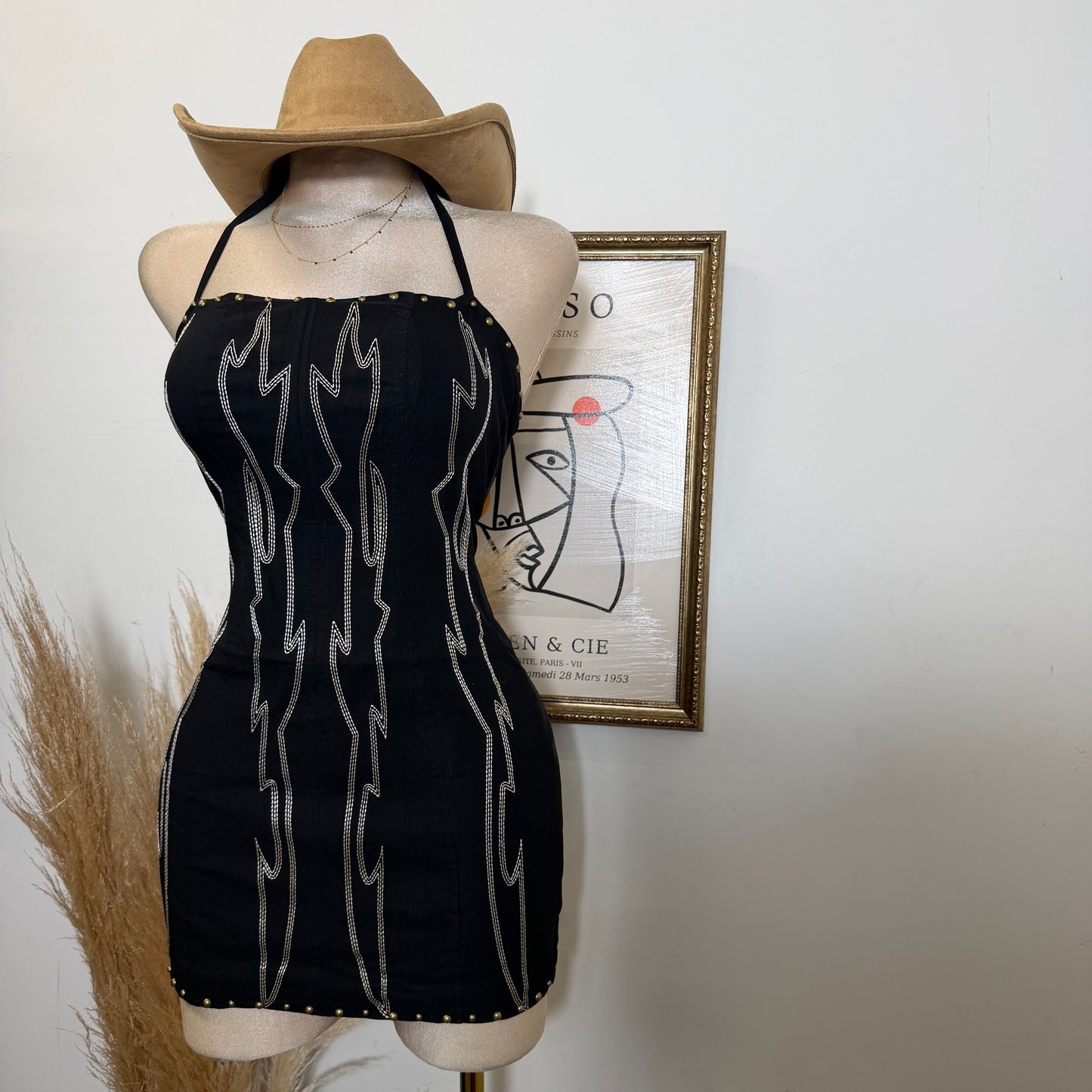 Stretch Embroidered Western Mini Halter Dress-Black