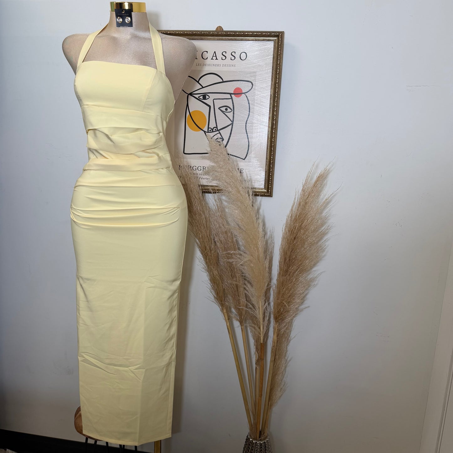 Halter Neck Structured Back Slit Maxi Dress-Baby Yellow