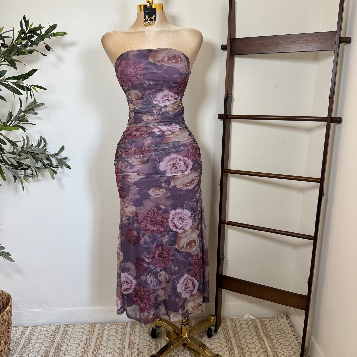 Mesh Print Tube Ruching Maxi Dress-Lavander