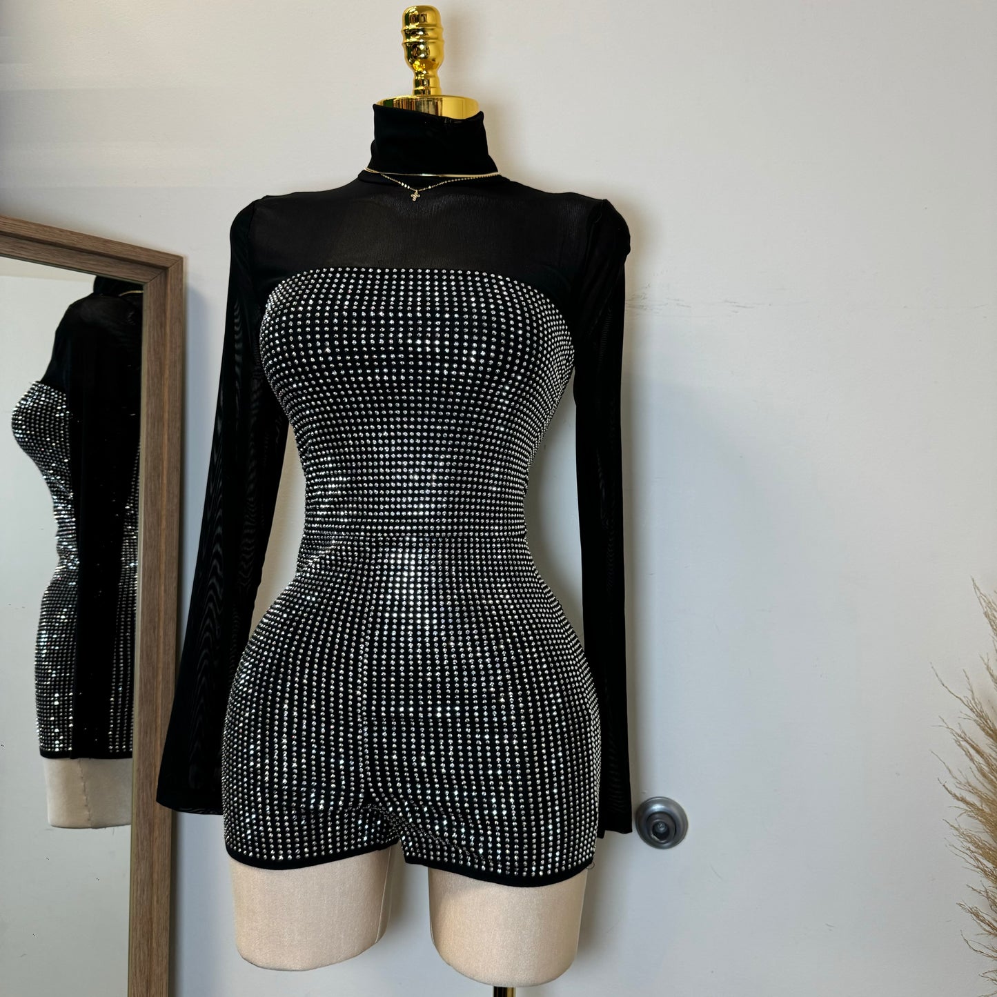 Rhinestone Romper-Black