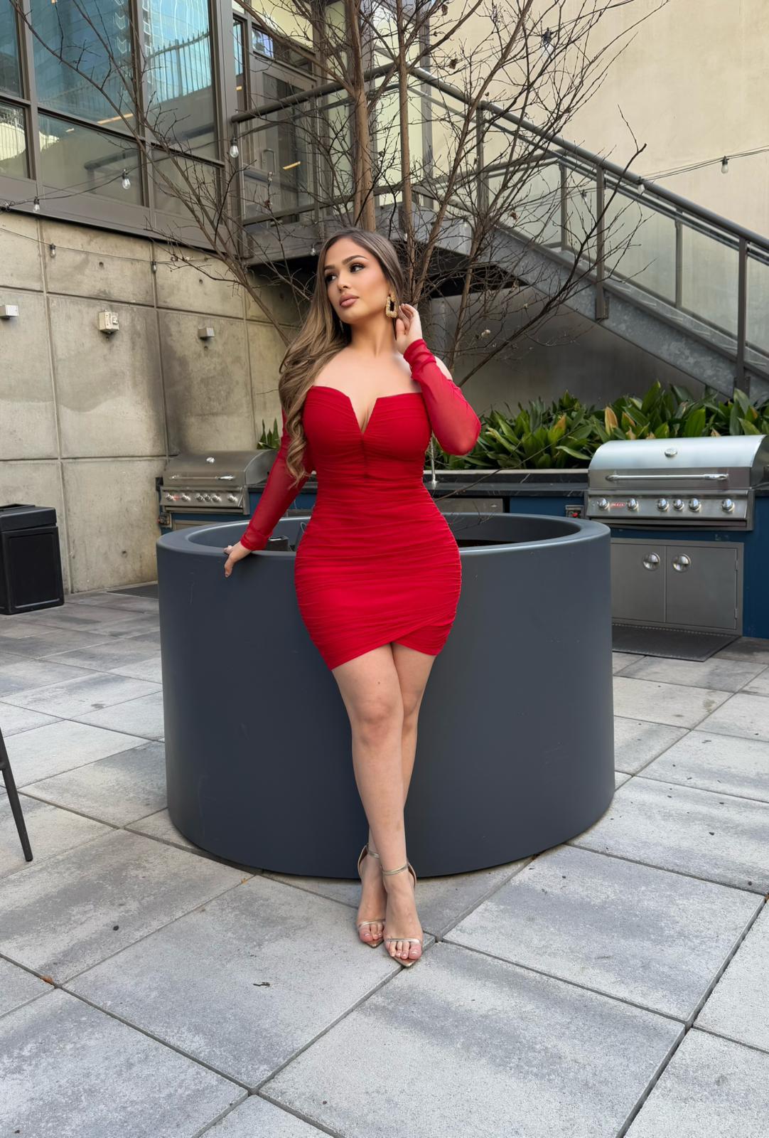 Aleya Long Sleeve Dress-Red