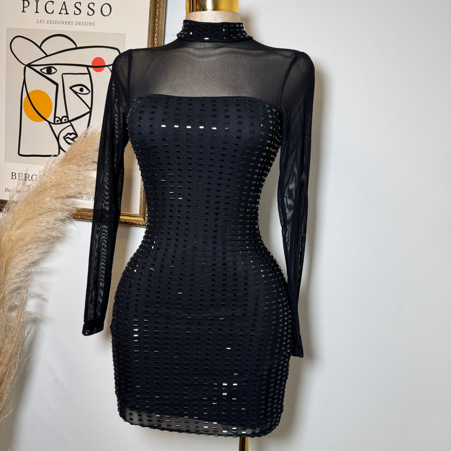 Ivette Rectangle Rhinestone Mini Dress-Black