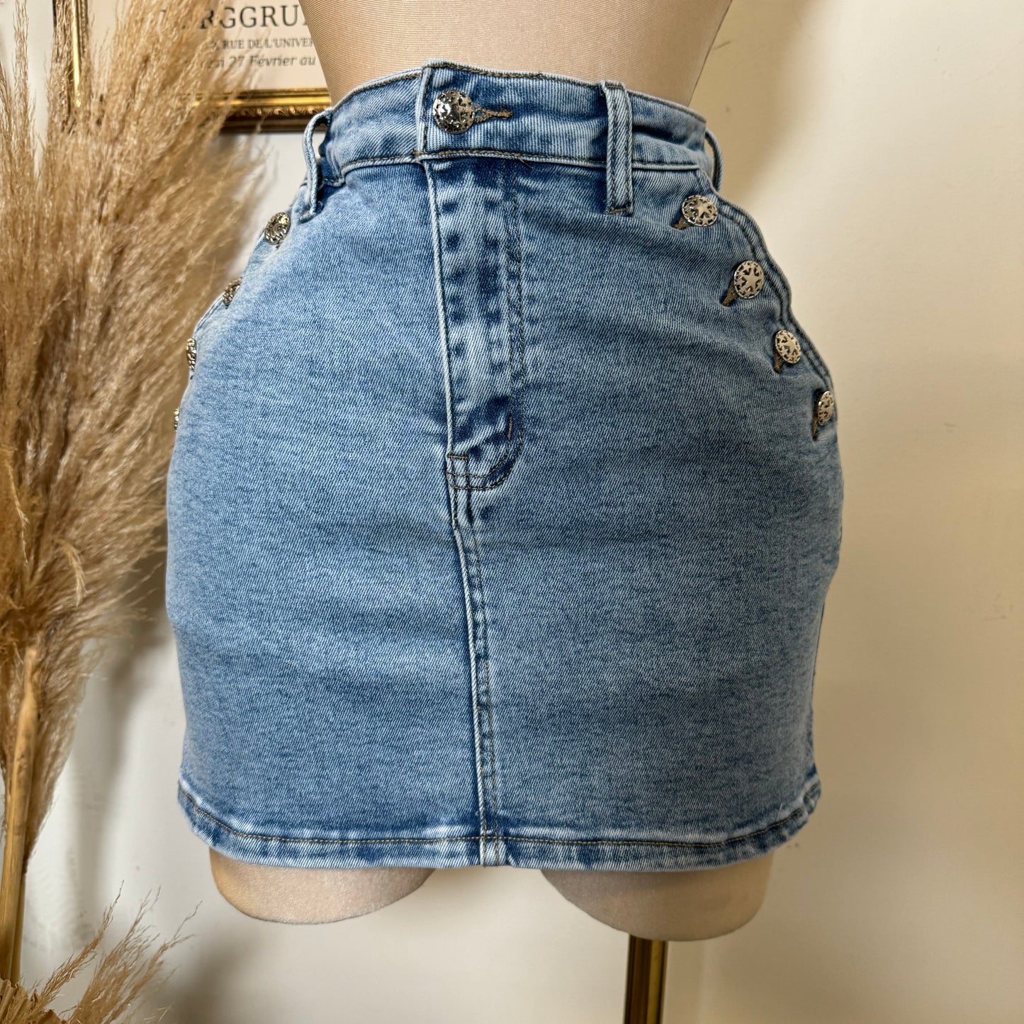 High Waisted Skirt Silver Button-LT Blue