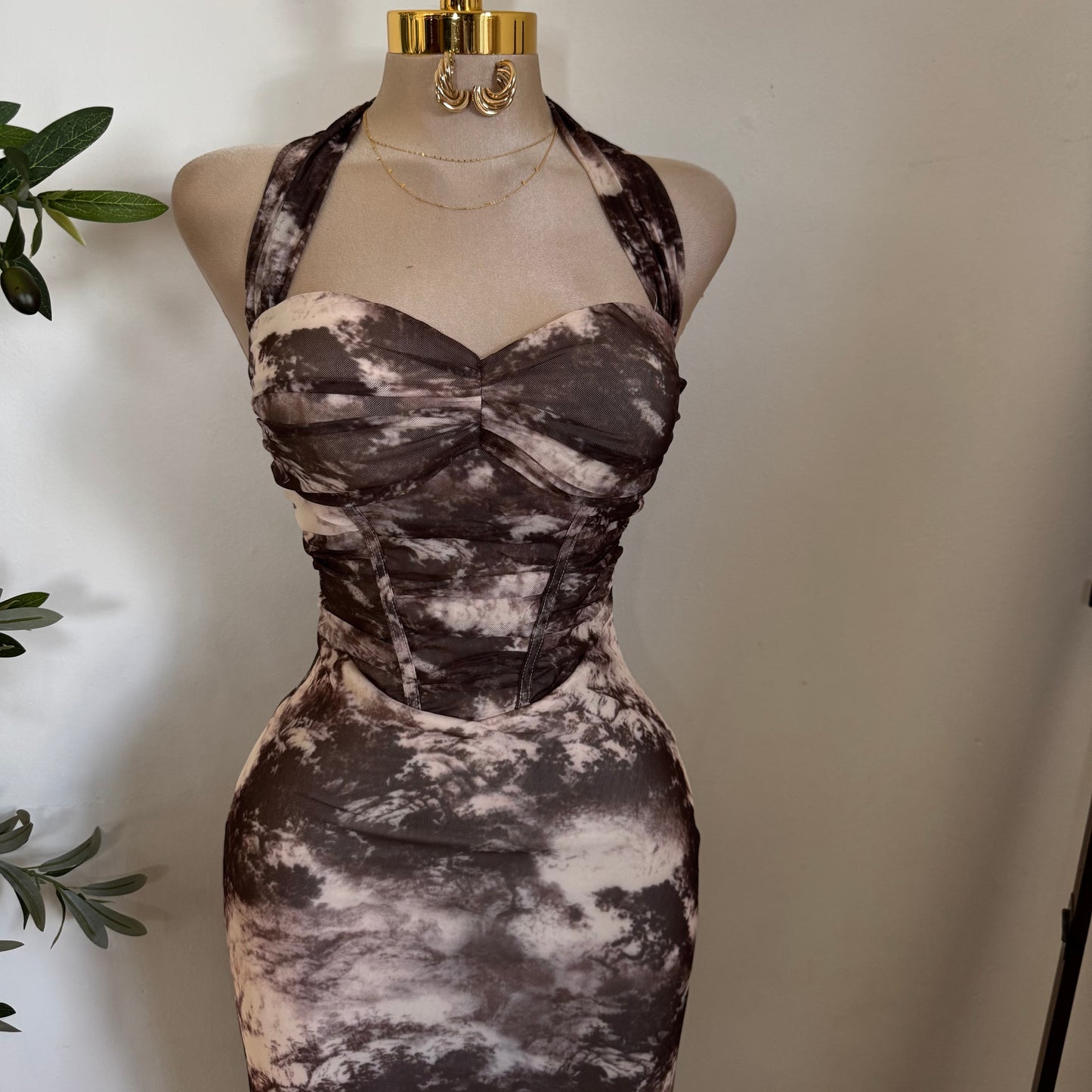 Halter Corset Ruching Midi Dress-Brown