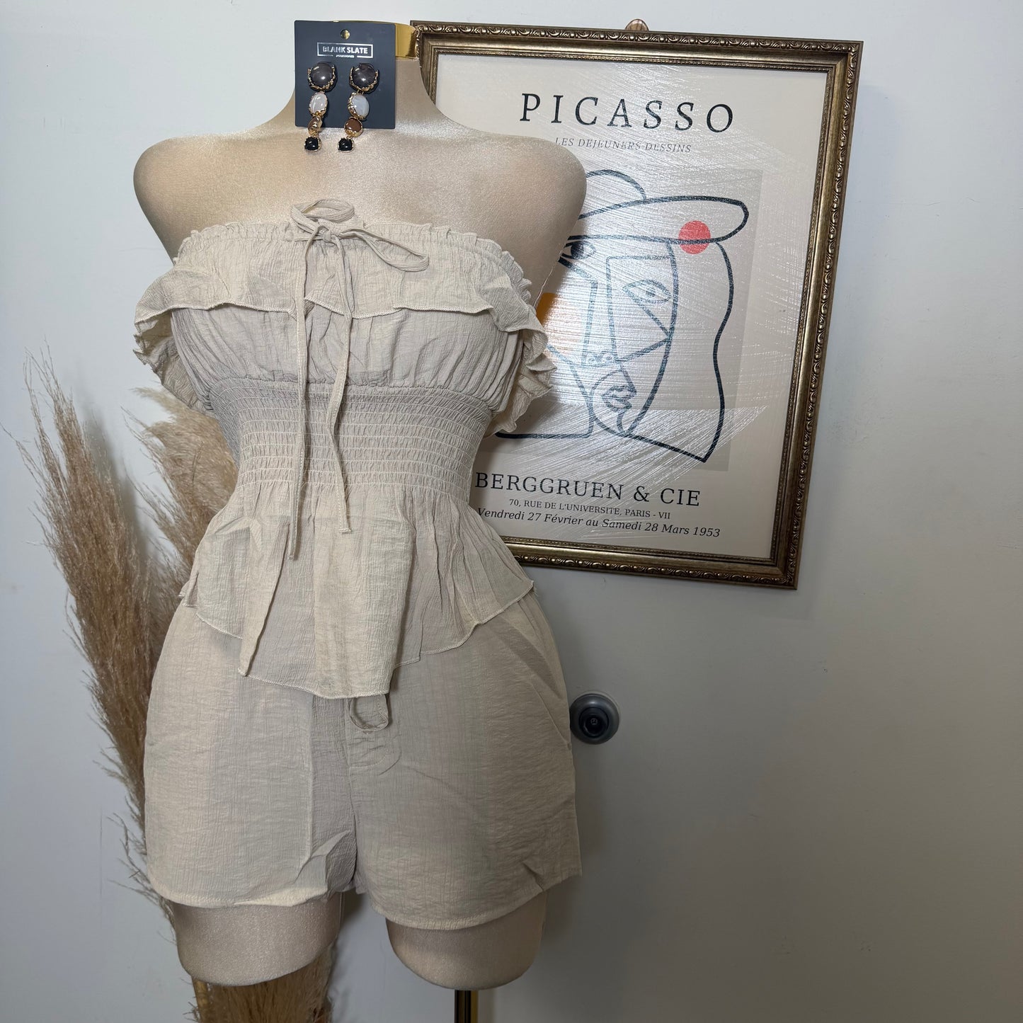 Smocked Tube Top Shorts Two piece set-Stone