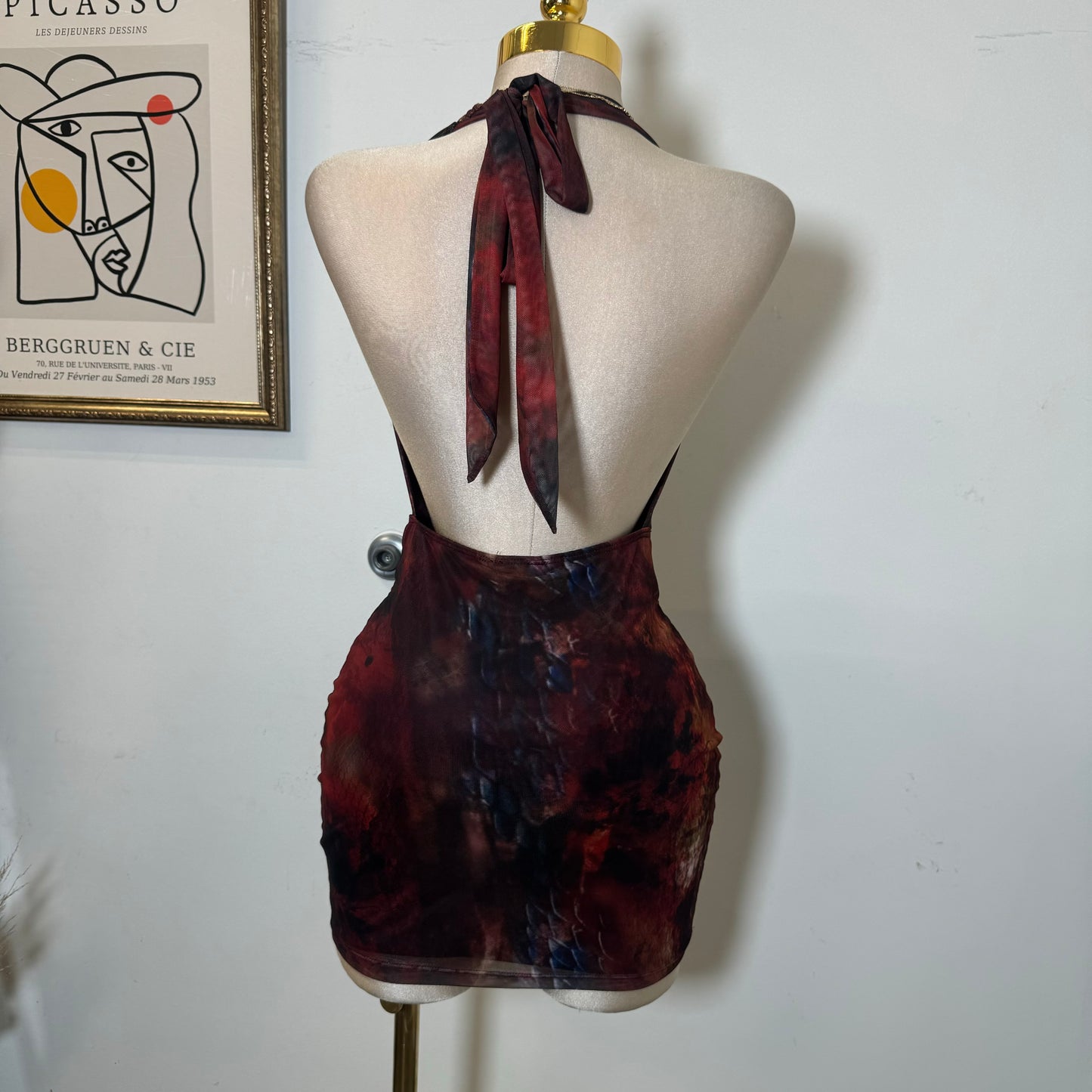Cowl Halter Mesh Dress-Red Multi1