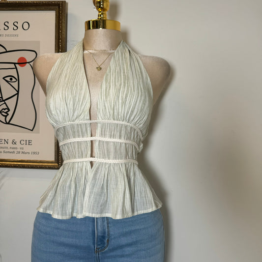 CRINKLE WOVEN PRINT BRAID DETAIL HALTER NECK TOP-Sage