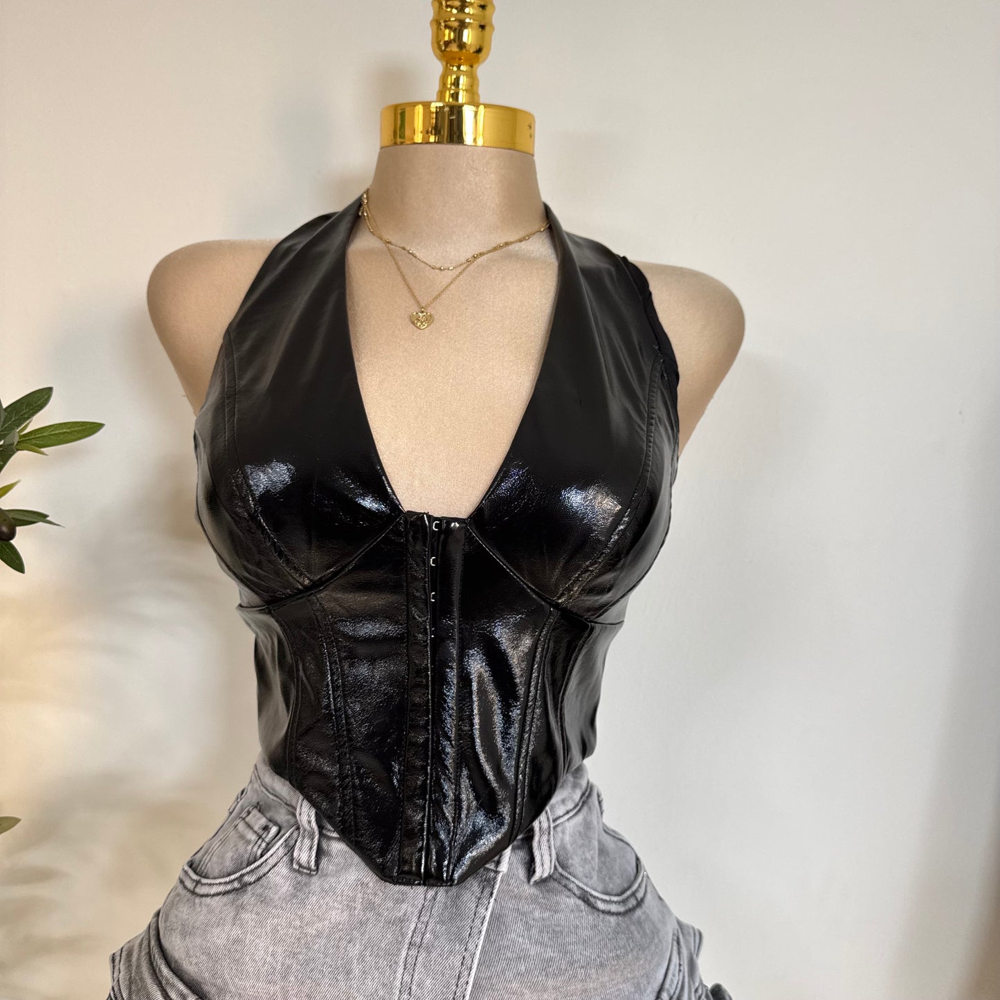 Shiny Stretch Pleather Halter Top-Black