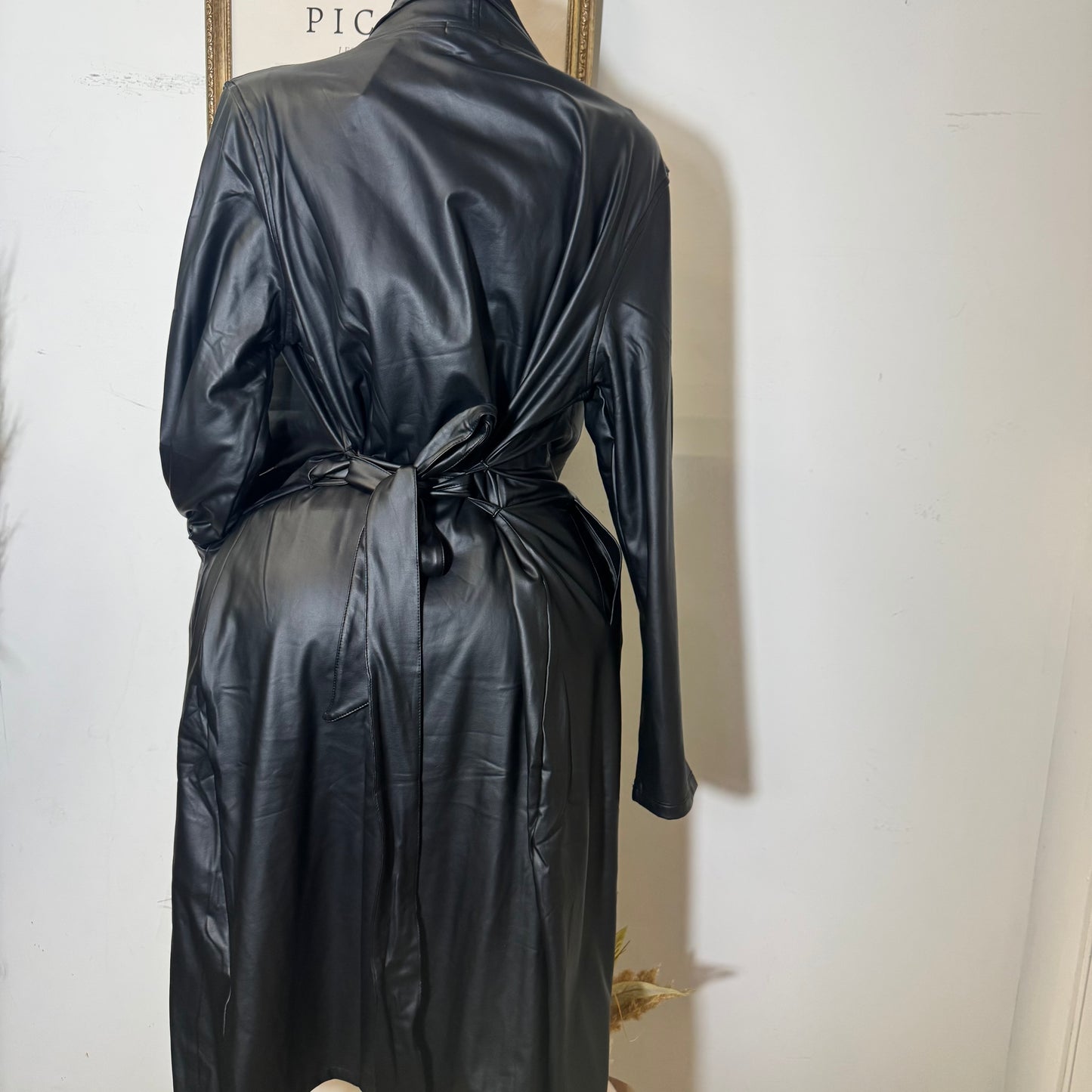 Faux Leather Long Coat with Belt -Black