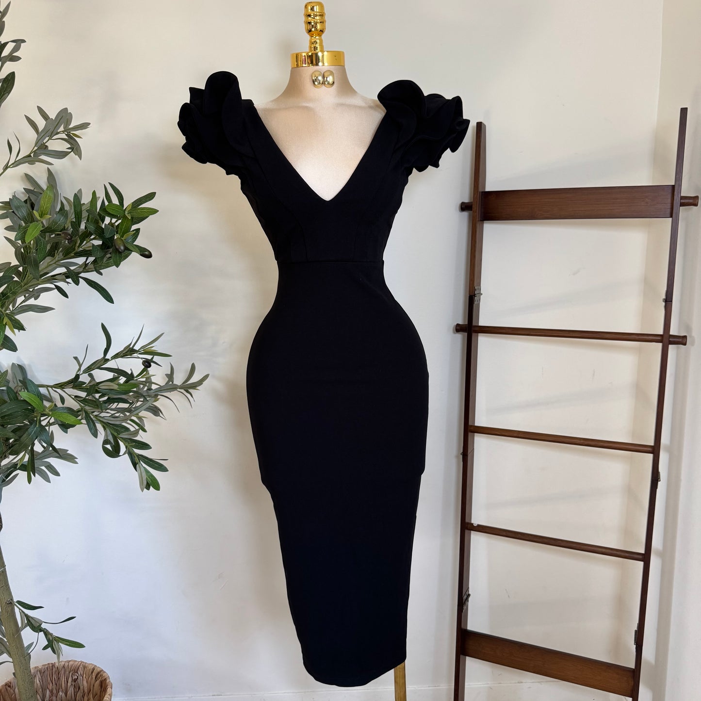 Ruffle Detail Shoulder Midi Dress-Black