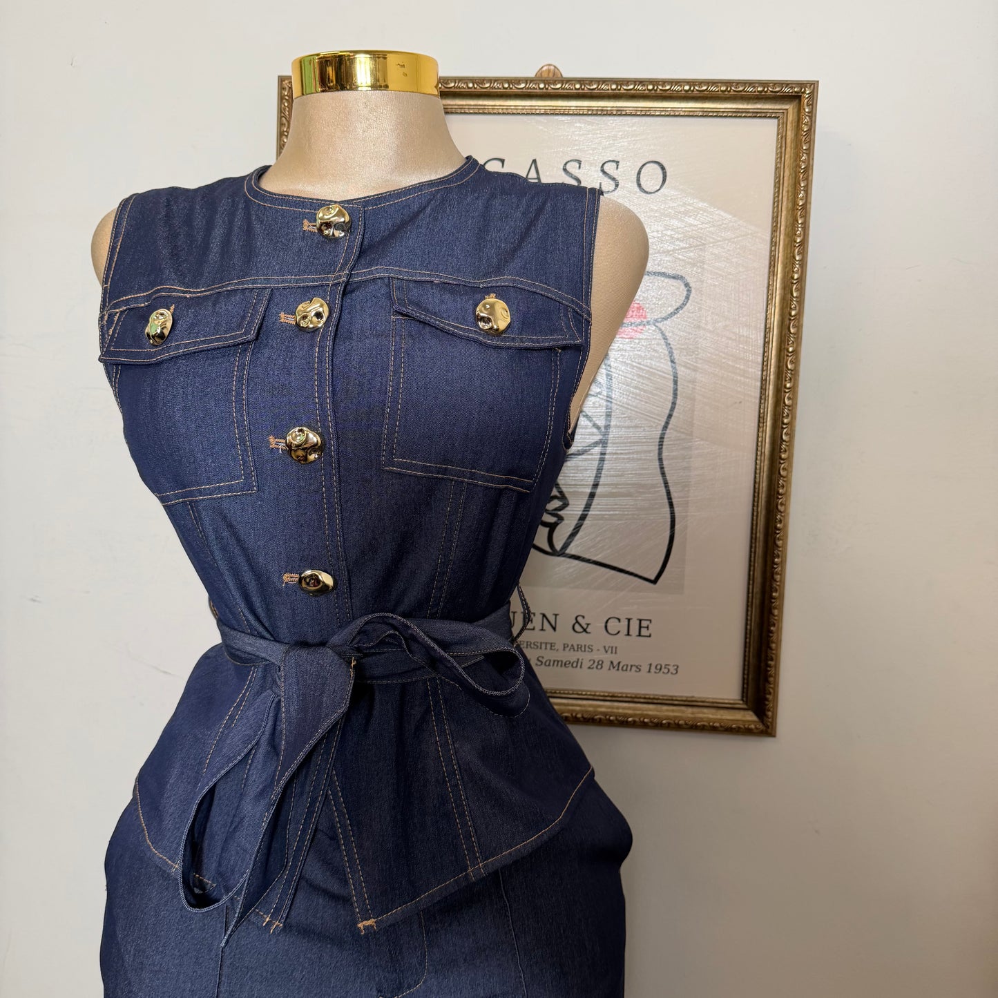 Belted Denim Vest-Indigo