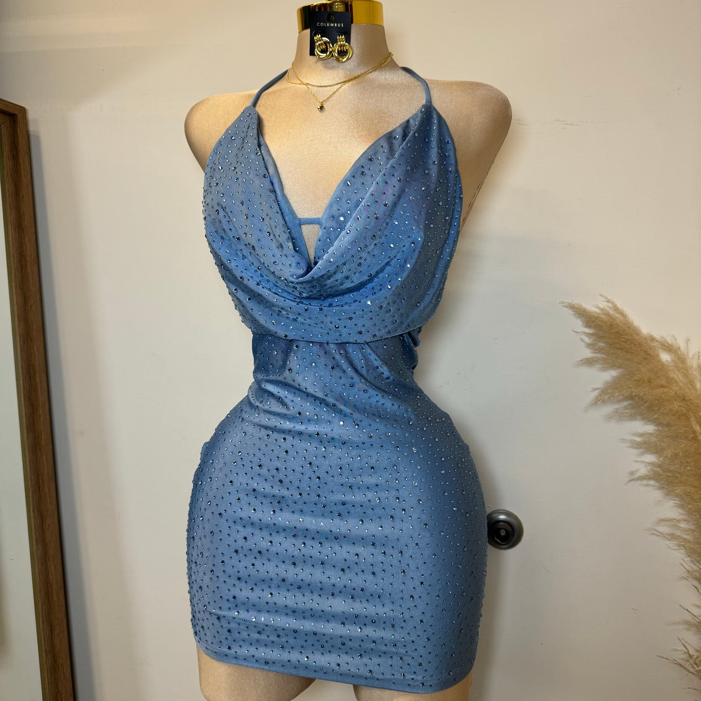 Cowl Rhinestone Dress-Baby Blue
