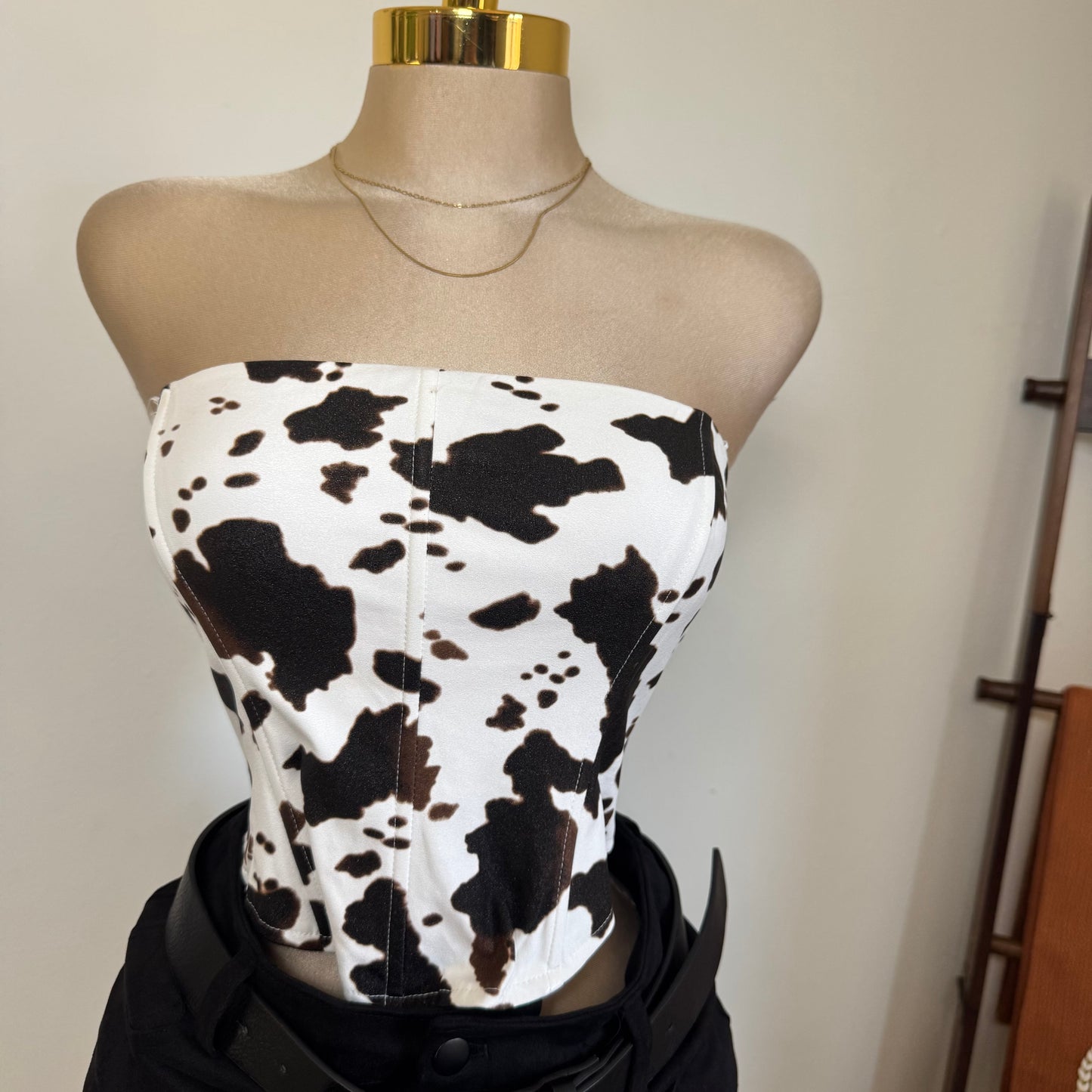 Strapless Cow Print Suede Corset Top