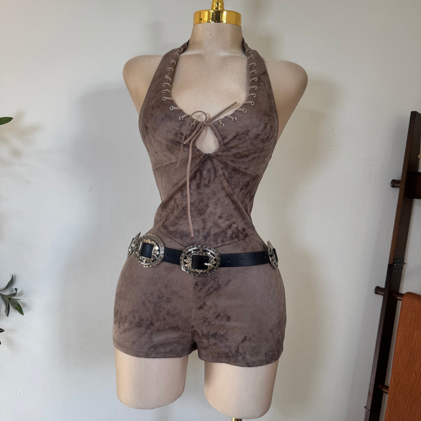 Halter Suede Mini Romper-Mocha