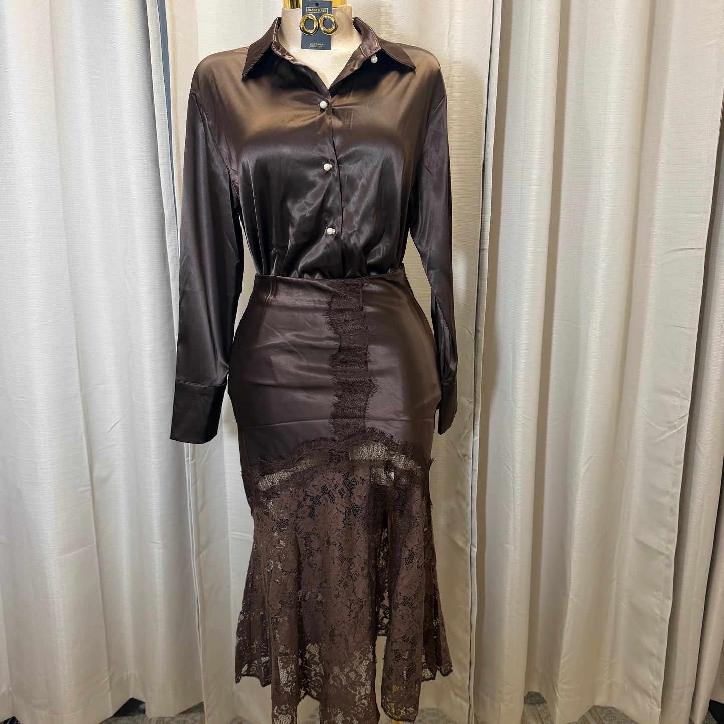 Satin Long Sleeve Top with Lace Skirt-Brown