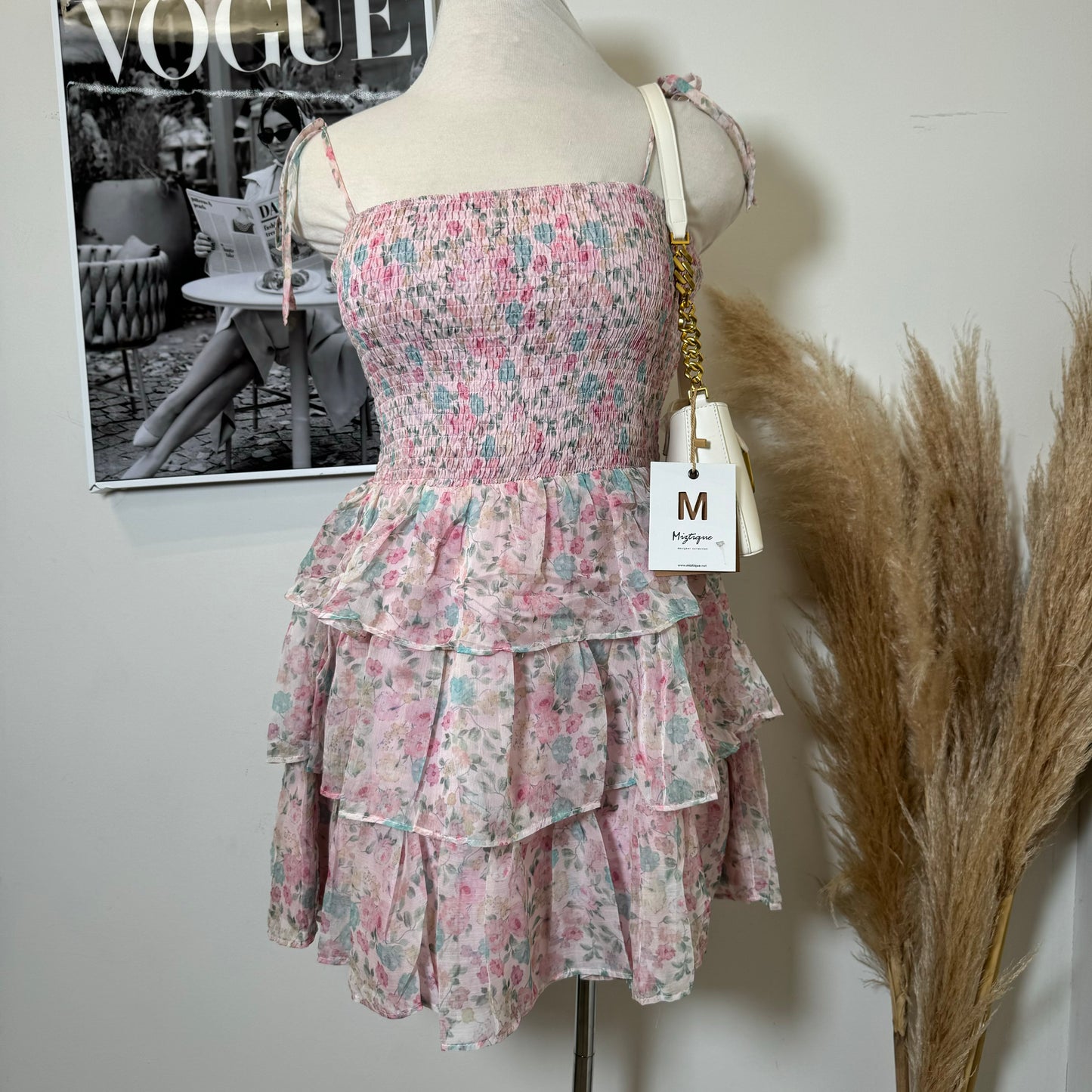 Floral Smoked Tiered Ruffle Dress PL-Pink