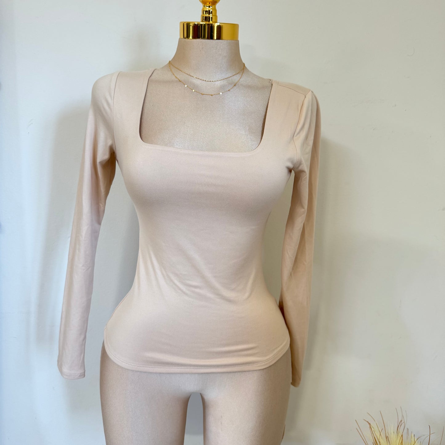 Square Neck Long Sleeve Double Layered Top-Taupe