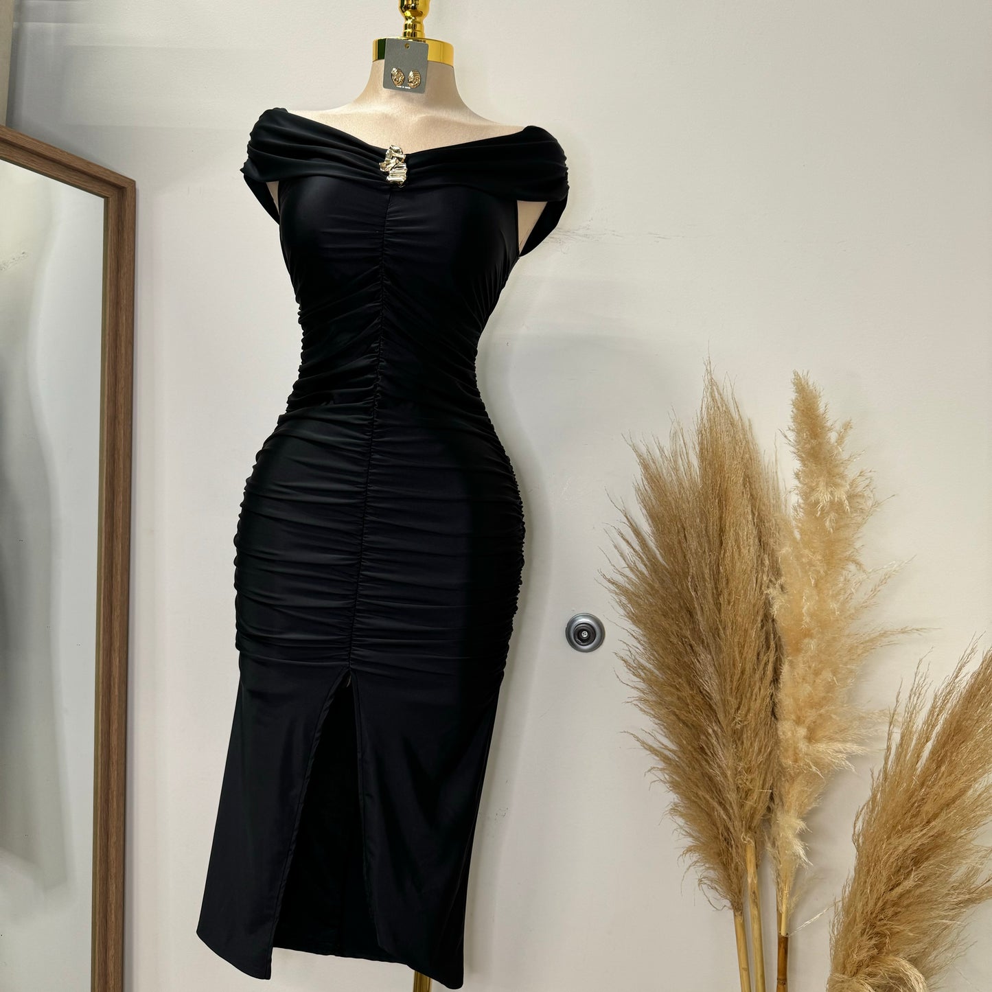 Lúxel Satin Off Shoulder MIDI Dress-Black