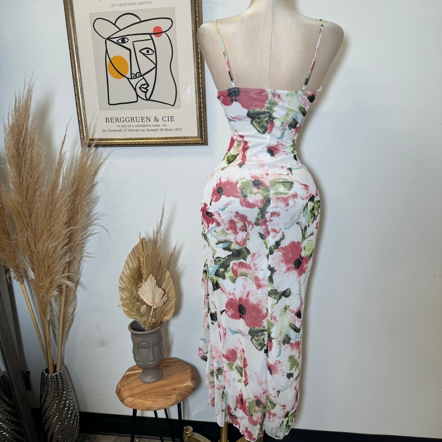 Mixie Mesh Open Slit Dress-Flower Print