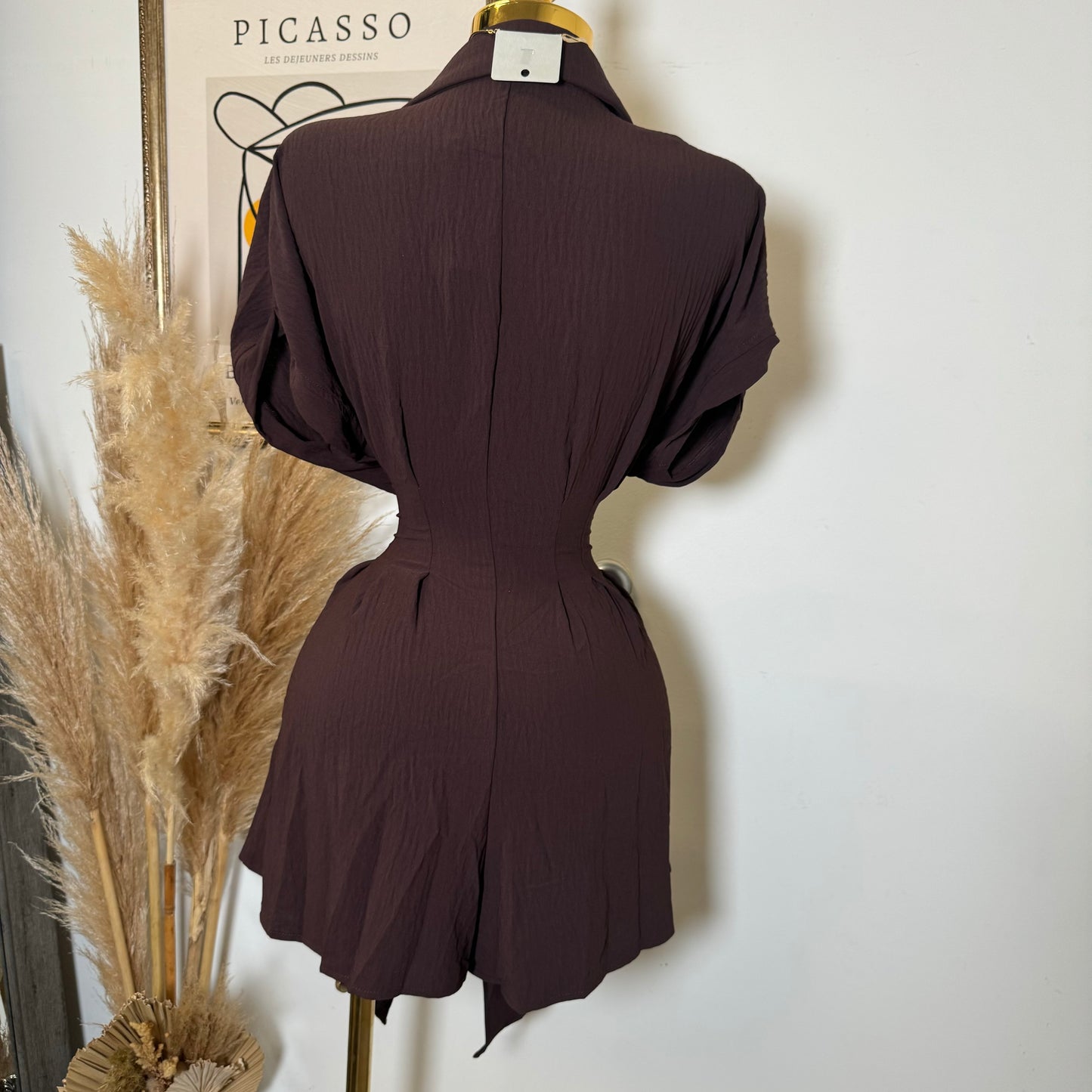 Crinkle Textured Dolman Sleeve Shirt Belted Romper -Brown