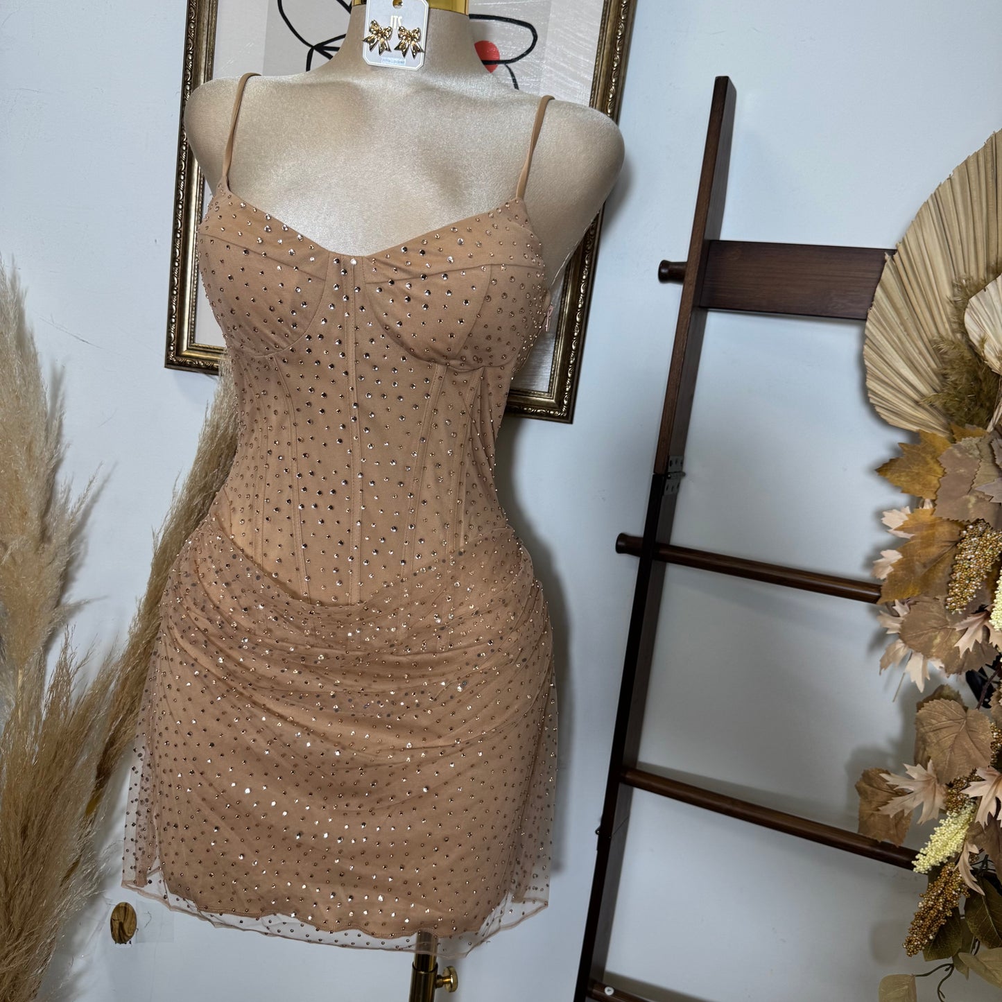 Rhinestone On Overlay Mesh Mini Dress SweetHeart Neckline Adjustable spaghetti Shoulder-Gold