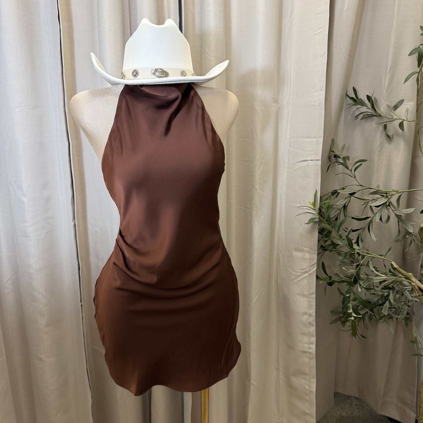 Satin Cowl Halter Neck Dress-Brown