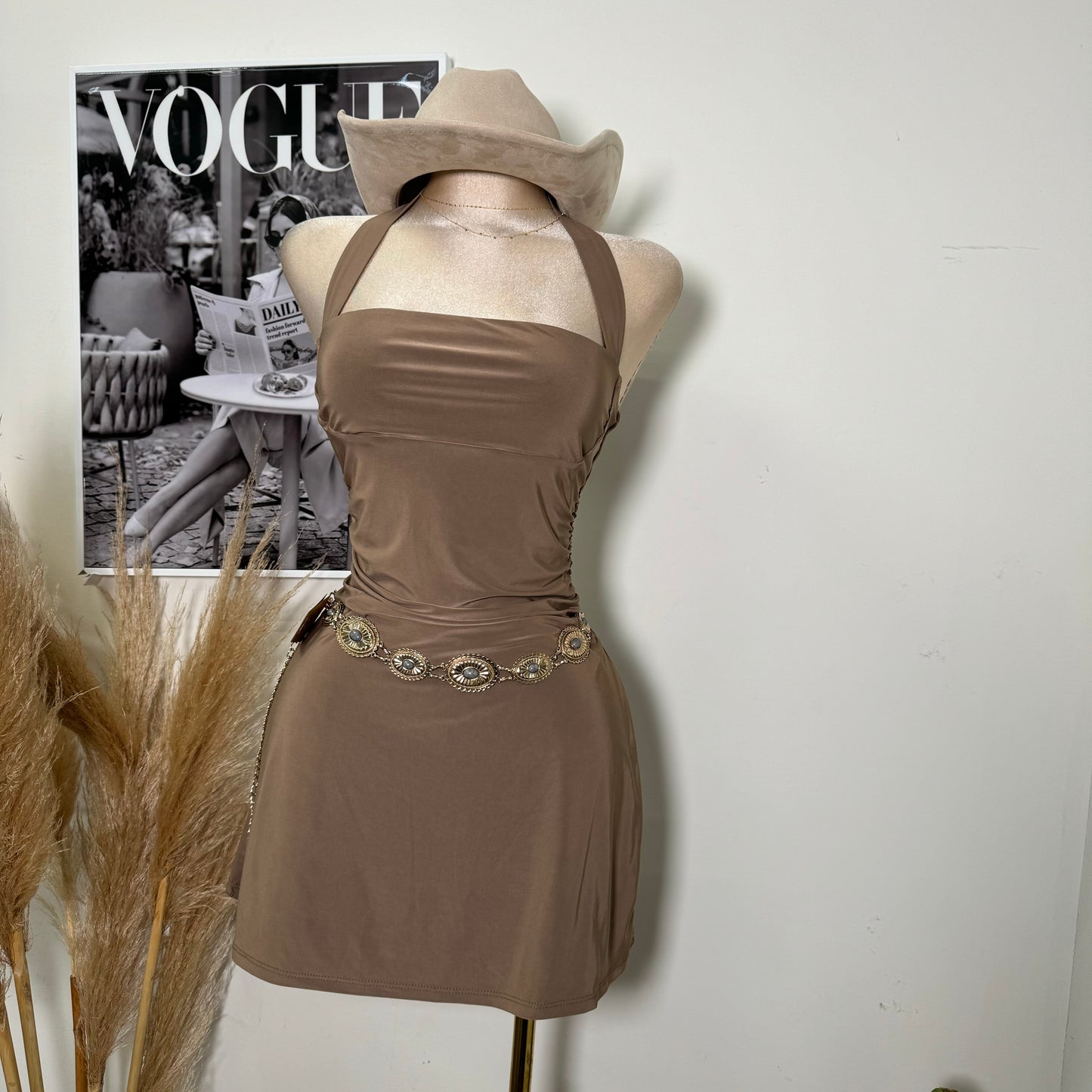 Sleeveless Halter Square Neckline Mini Dress-Brown