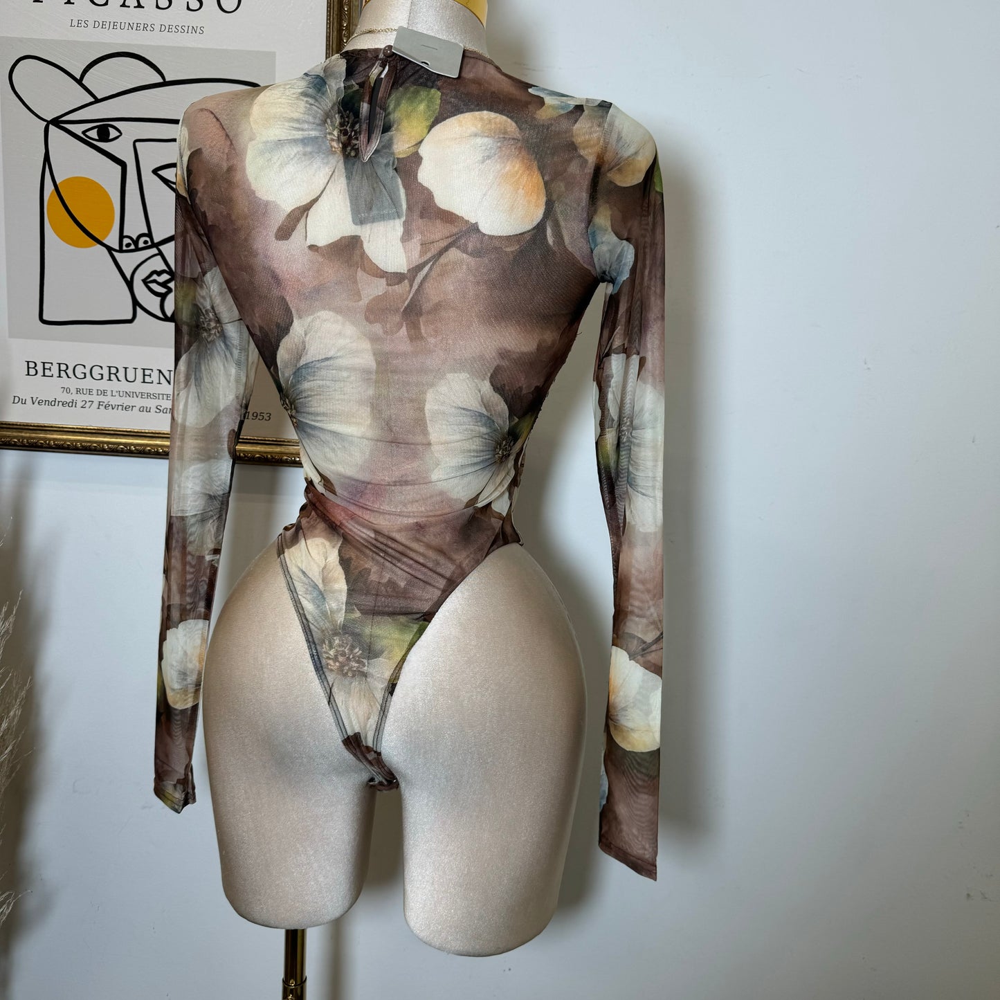 Mesh Print Round Neck Long Sleeve Bodysuit-Taupe Multi
