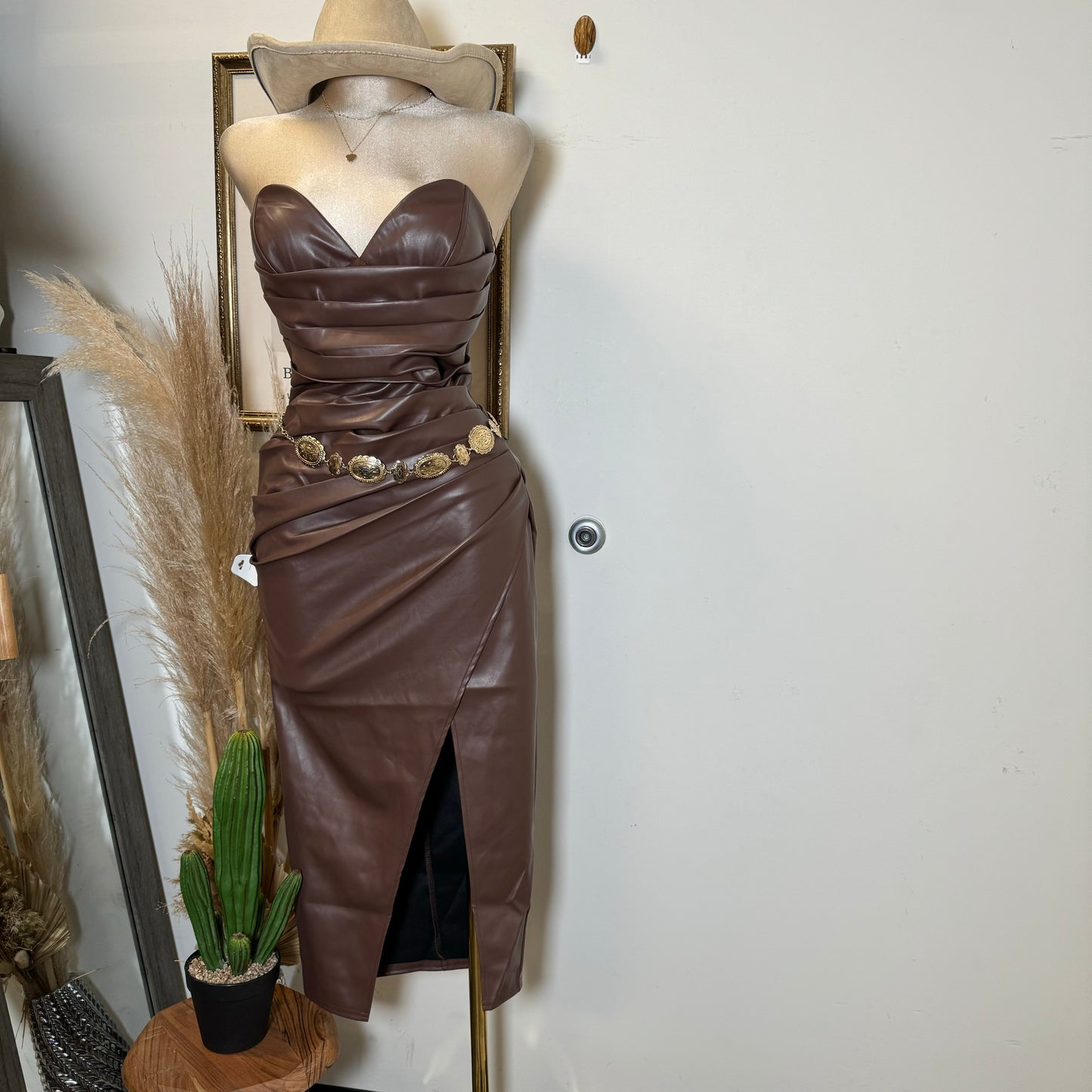 Stretch Faux Leather Midi Dress-DK Brown