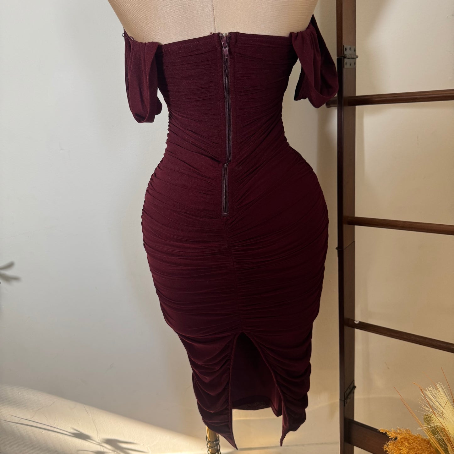 LUXE GLITTER MESH OFF SHOULDER RUCHED MIDI DRESS-Cherry