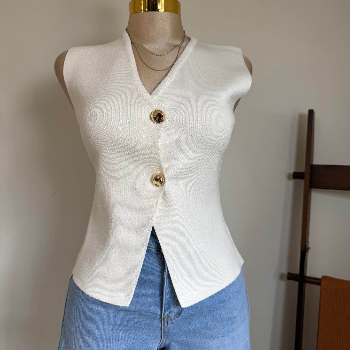 Gold Buttons knit Vest- Ivory